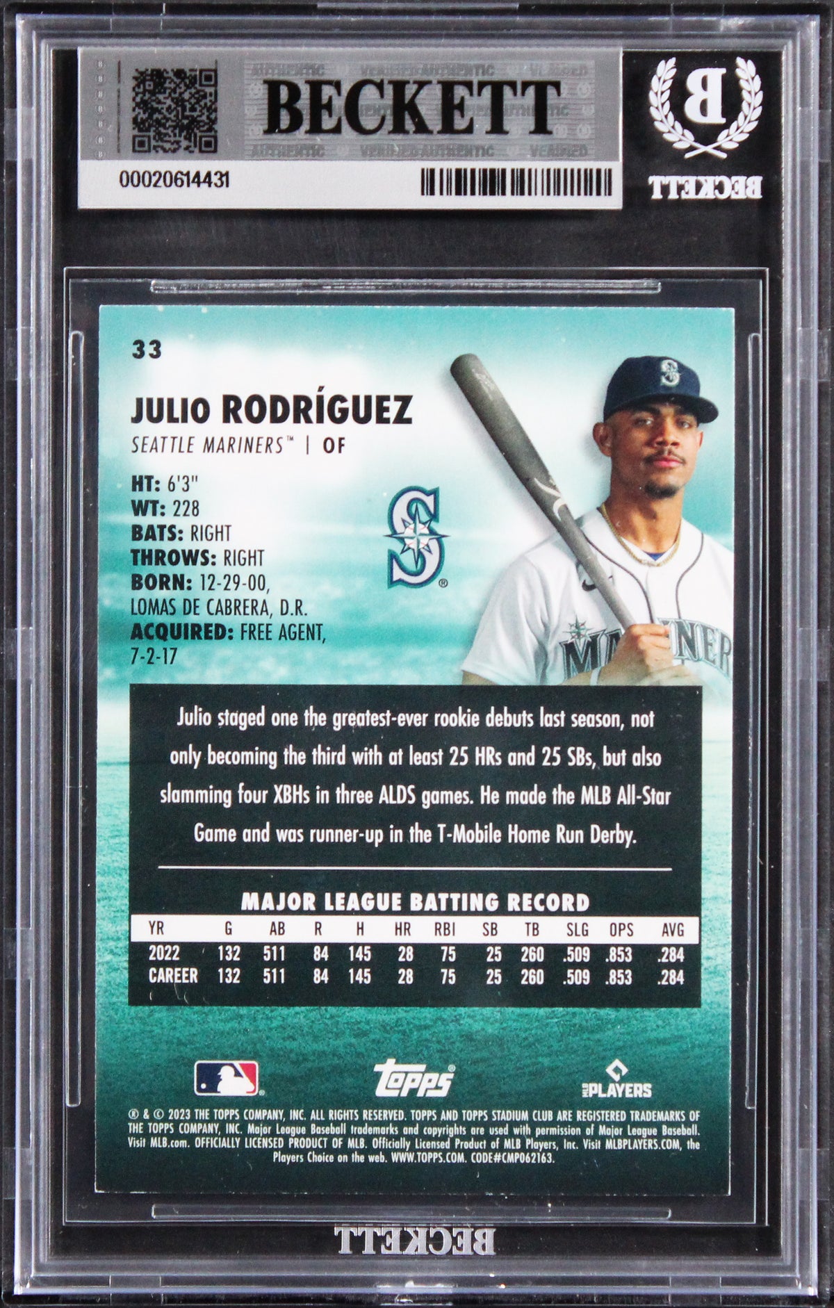 Mariners Julio Rodriguez Authentic Signed 2023 Stadium Club #33 Card BAS Slabbed