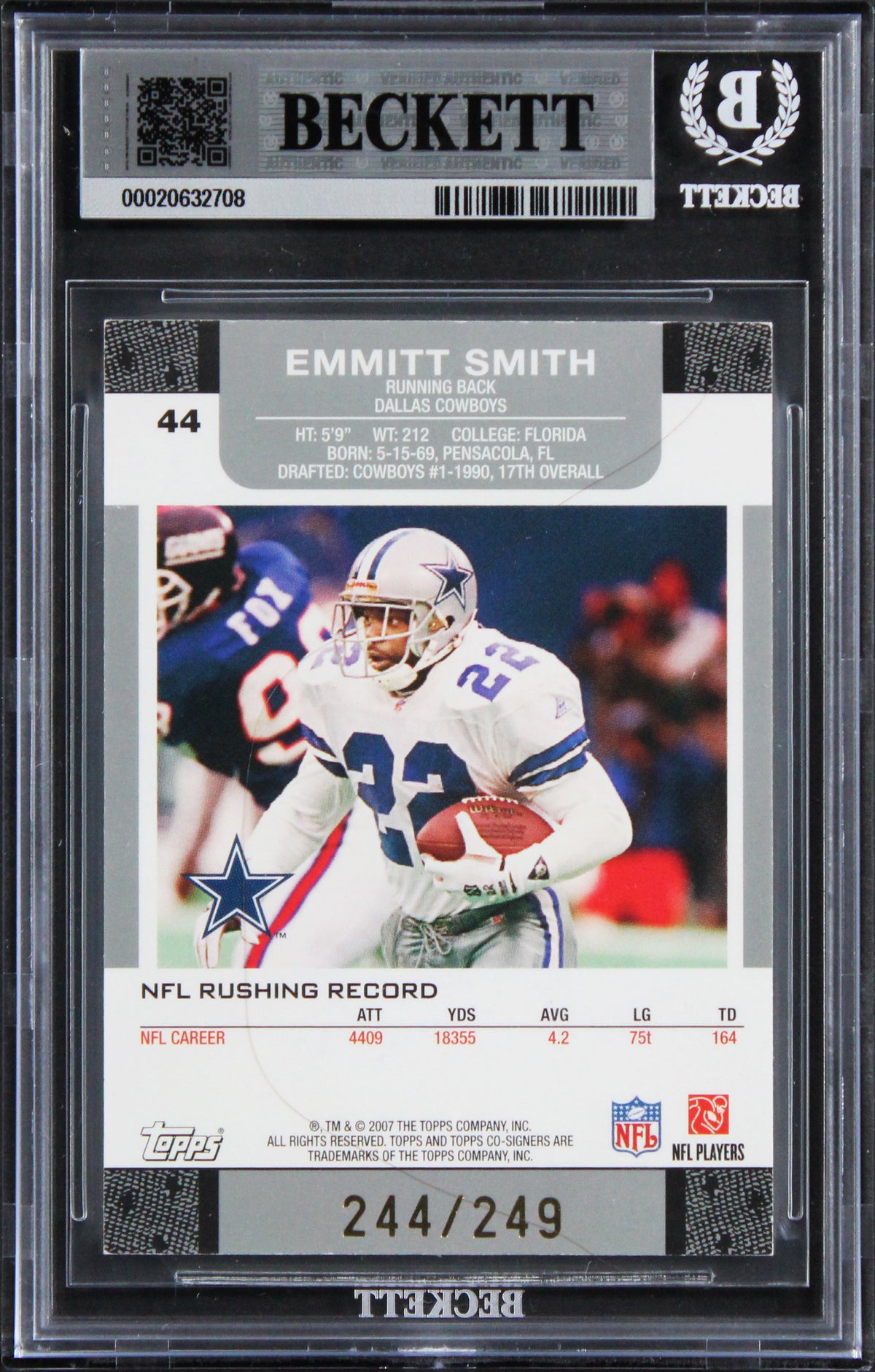 Cowboys Emmitt Smith, Tony Dorsett Signed 2007 Topps #44A Card Auto 10! BAS Slab
