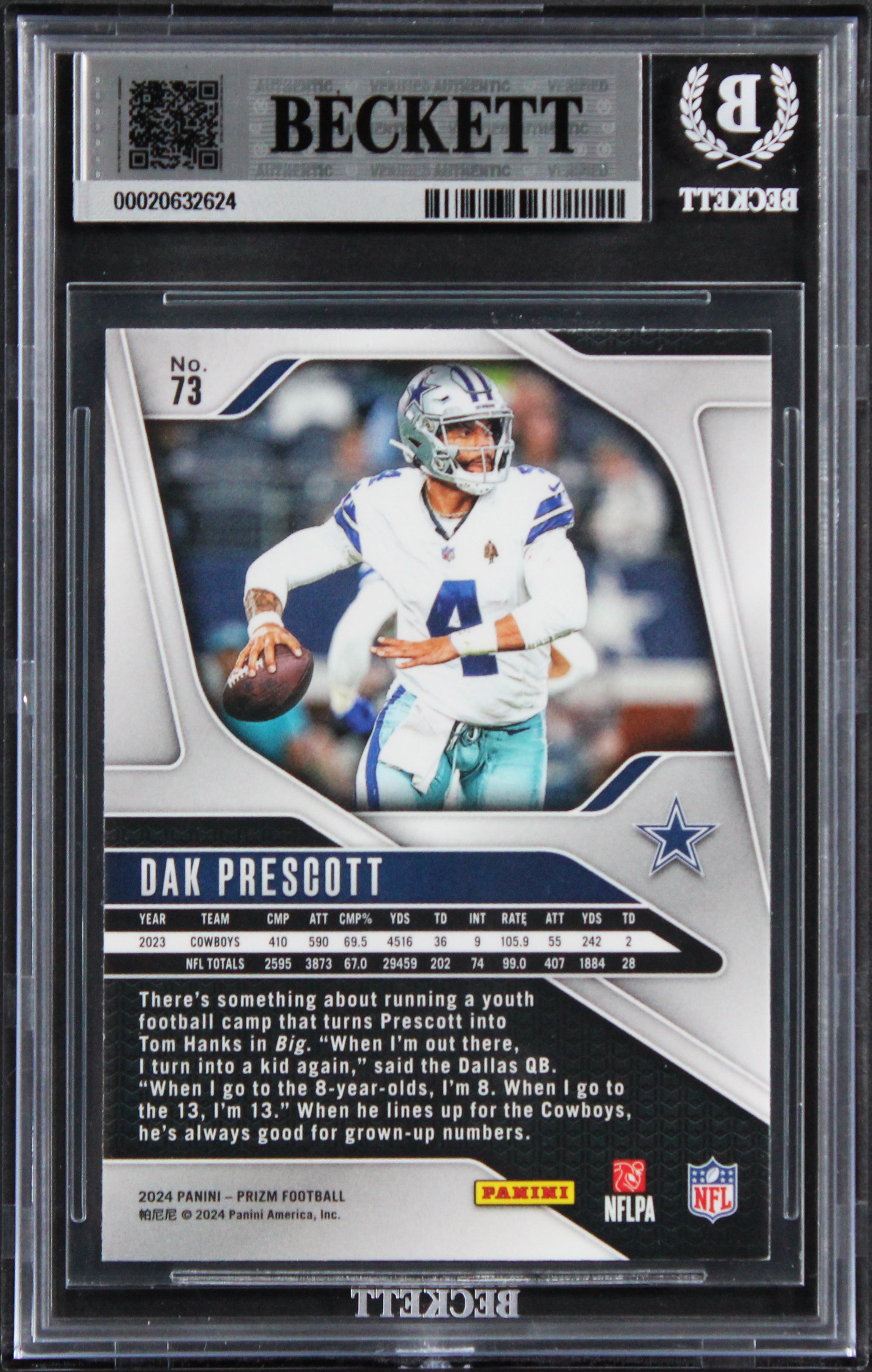 Cowboys Dak Prescott Signed 2024 Panini Prizm #73 Card Auto GM 10! BAS Slabbed
