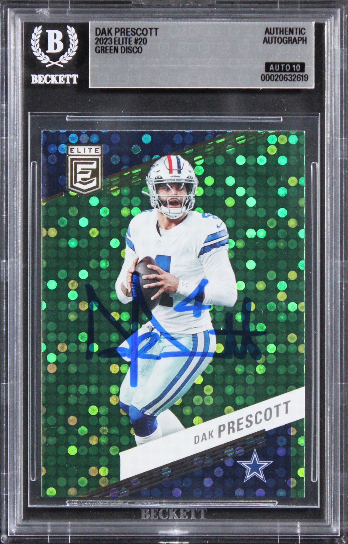 Cowboys Dak Prescott Signed 2023 Elite Green Disco #20 Card Auto 10! BAS Slabbed