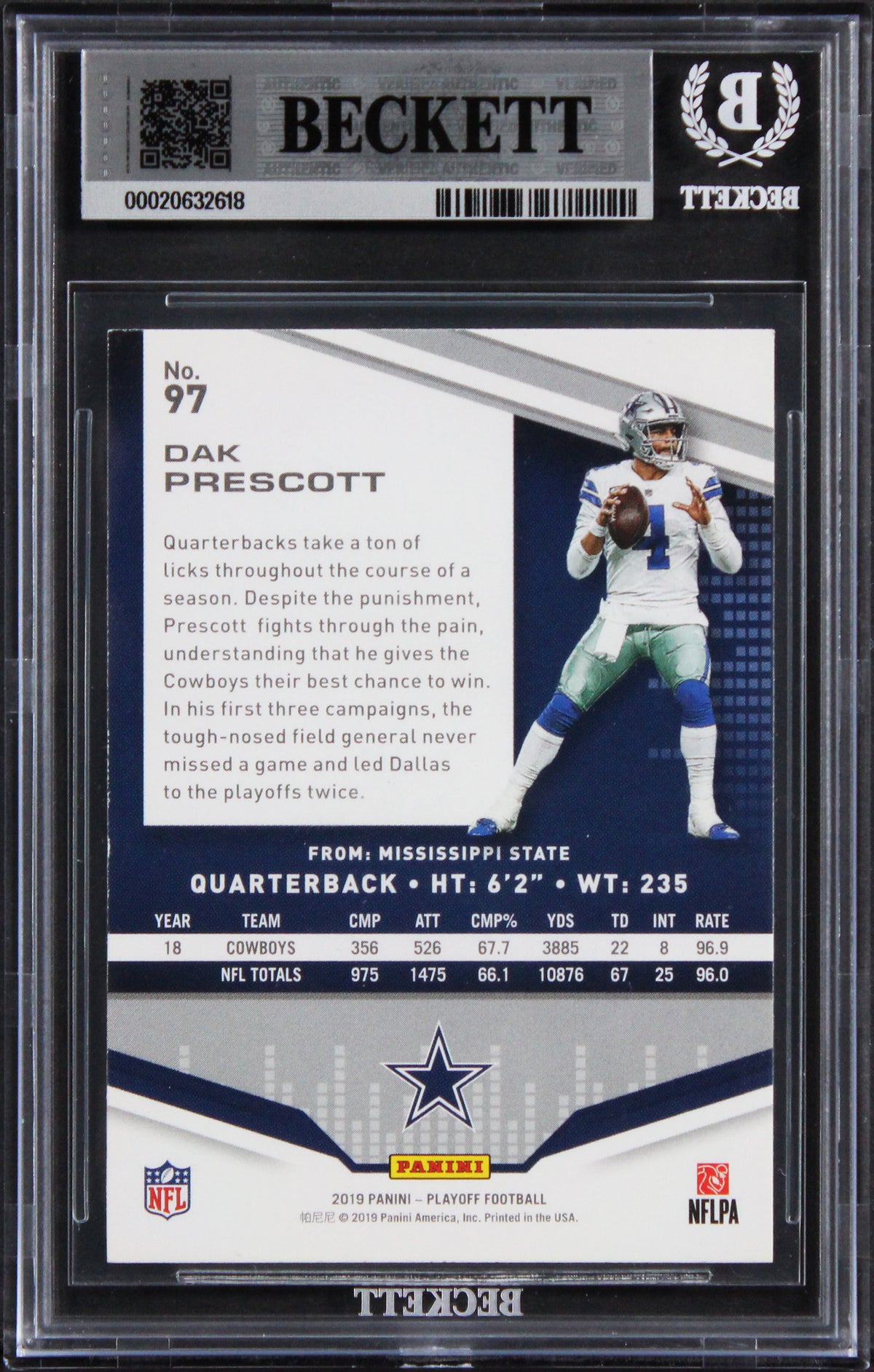 Cowboys Dak Prescott Signed 2019 Playoff #97 Card Auto Grade GM 10! BAS Slabbed