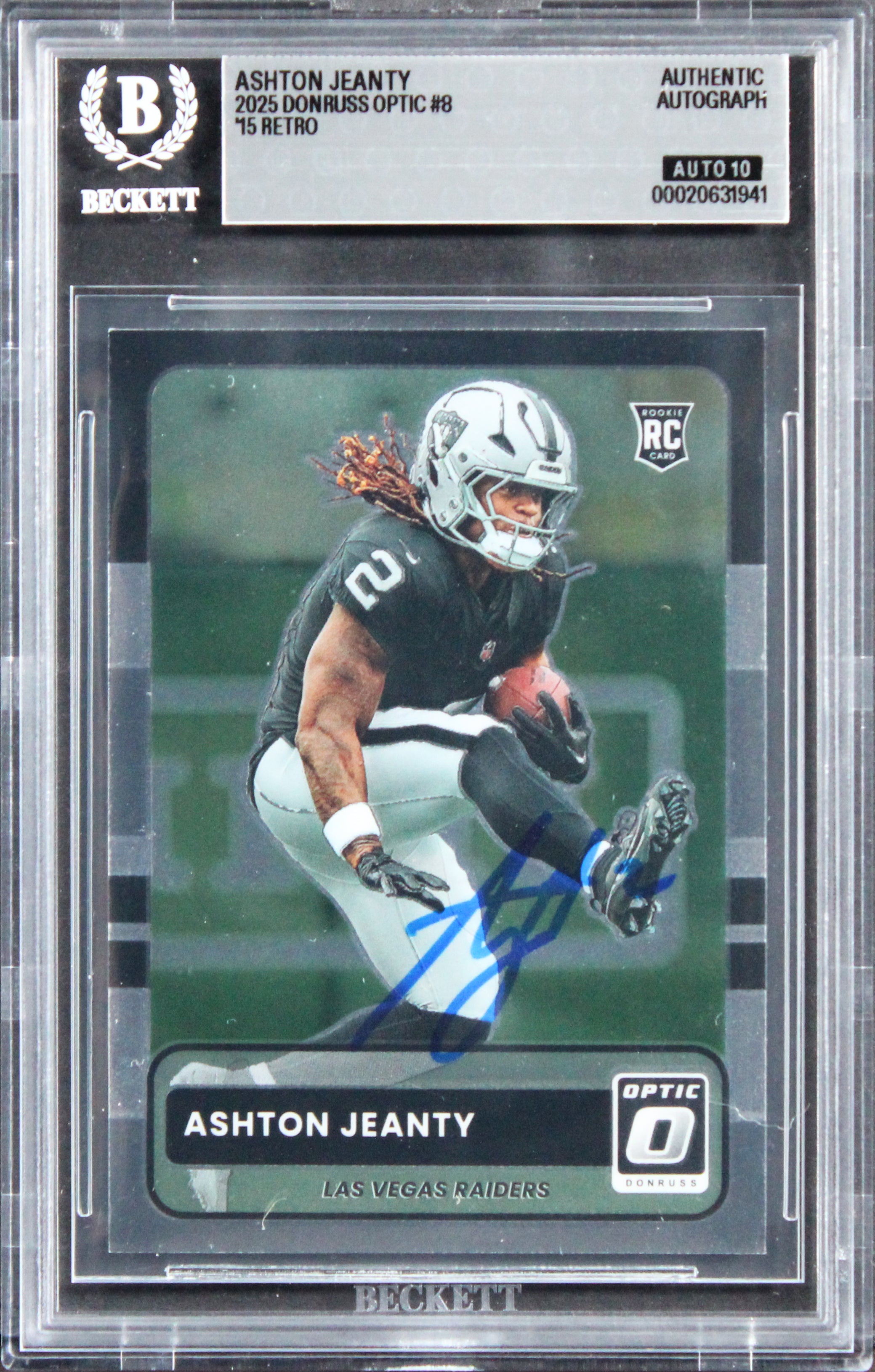 Raiders Ashton Jeanty Signed 2025 Donruss Optic #8 Rookie Card Auto 10! BAS Slab