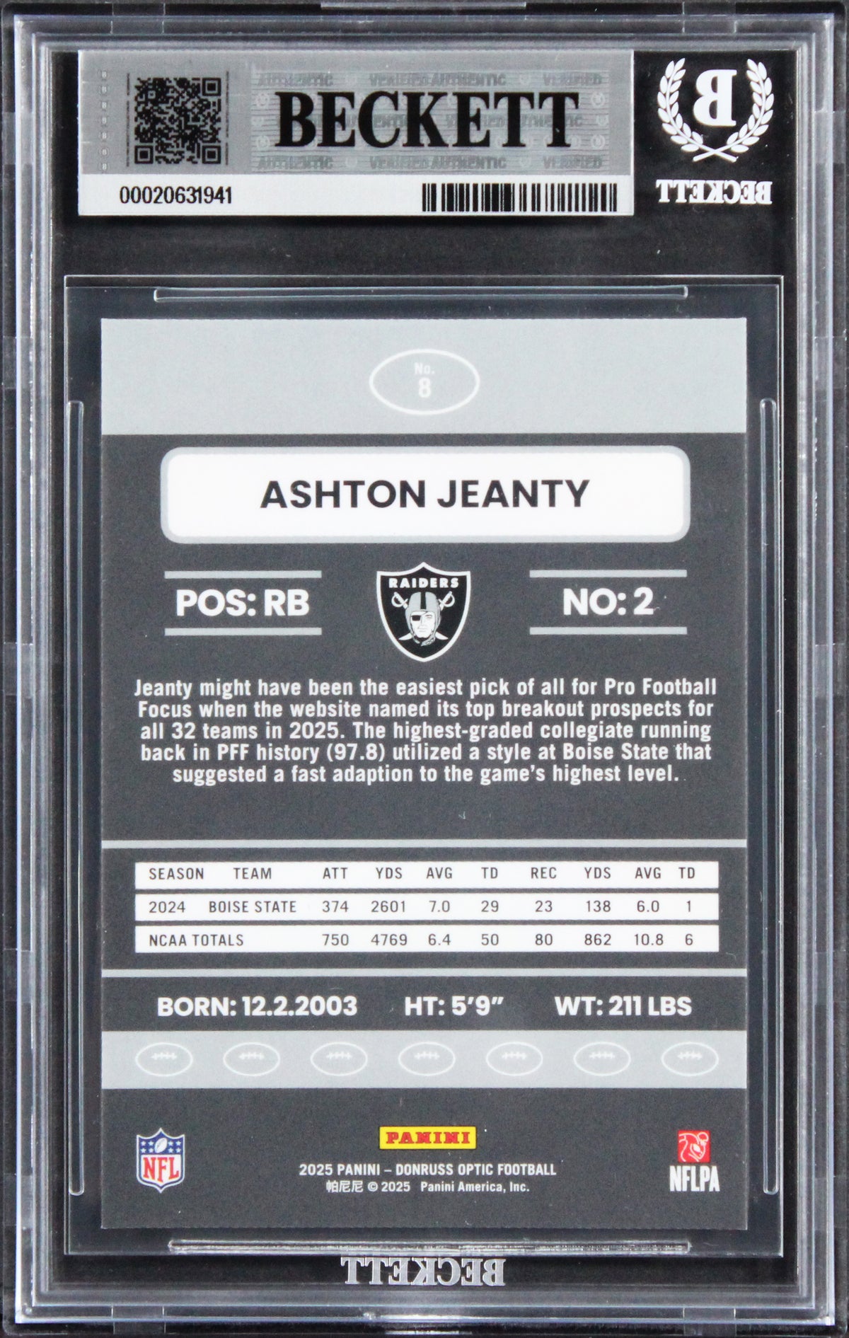 Raiders Ashton Jeanty Signed 2025 Donruss Optic #8 Rookie Card Auto 10! BAS Slab