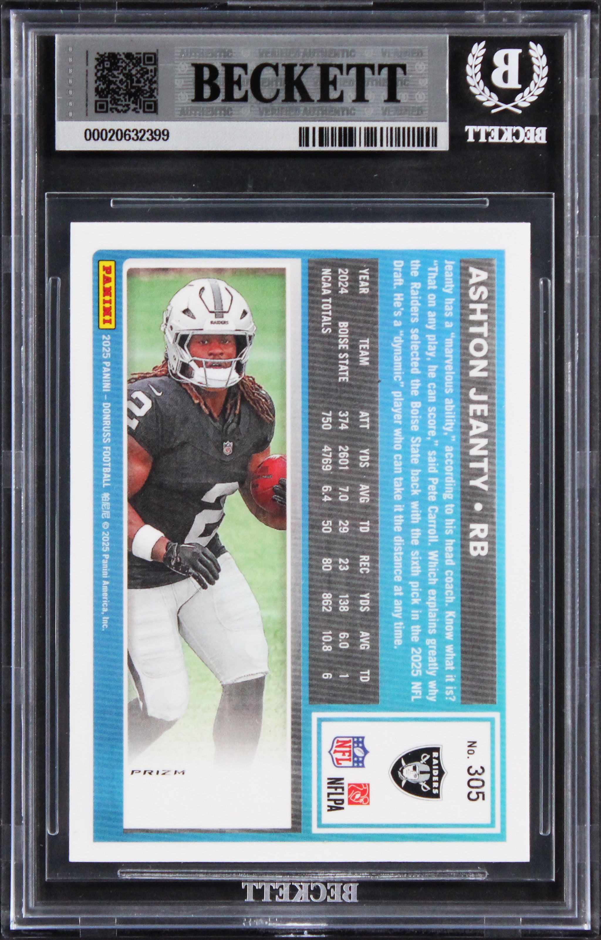 Raiders Ashton Jeanty Signed 2025 Donruss Optic #305 RC Card Auto 10! BAS Slab