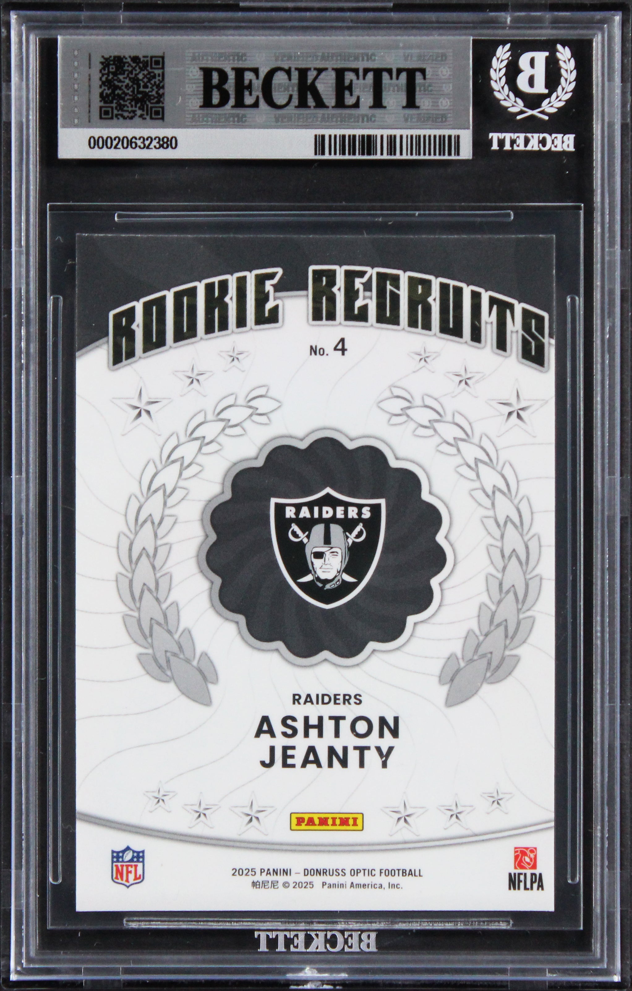 Raiders Ashton Jeanty Signed 2025 Donruss Optic #4 RC Card Auto 10! BAS Slabbed