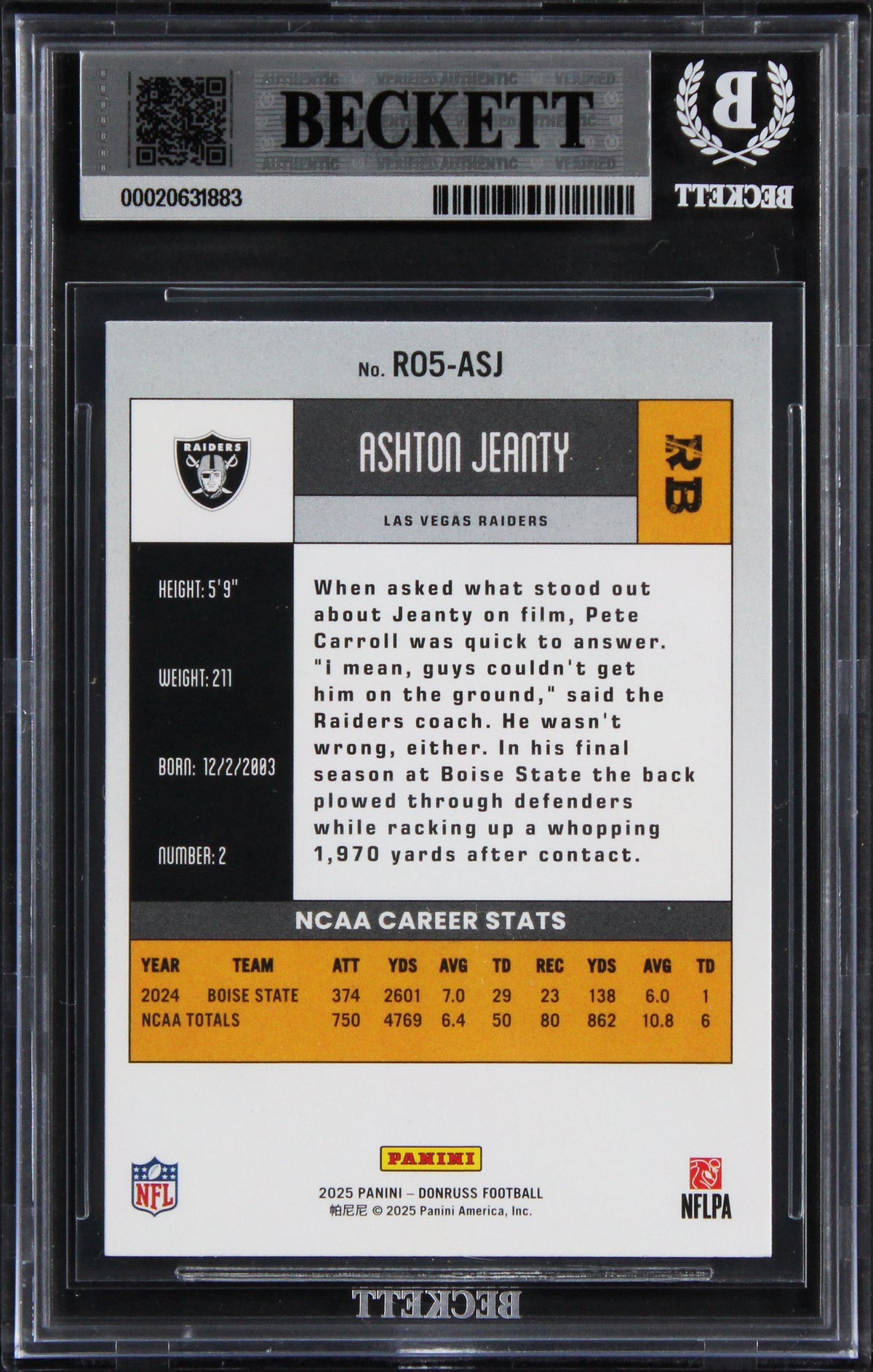 Raiders Ashton Jeanty Signed 2025 Donruss #4 Rookie Card Auto GM 10! BAS Slabbed