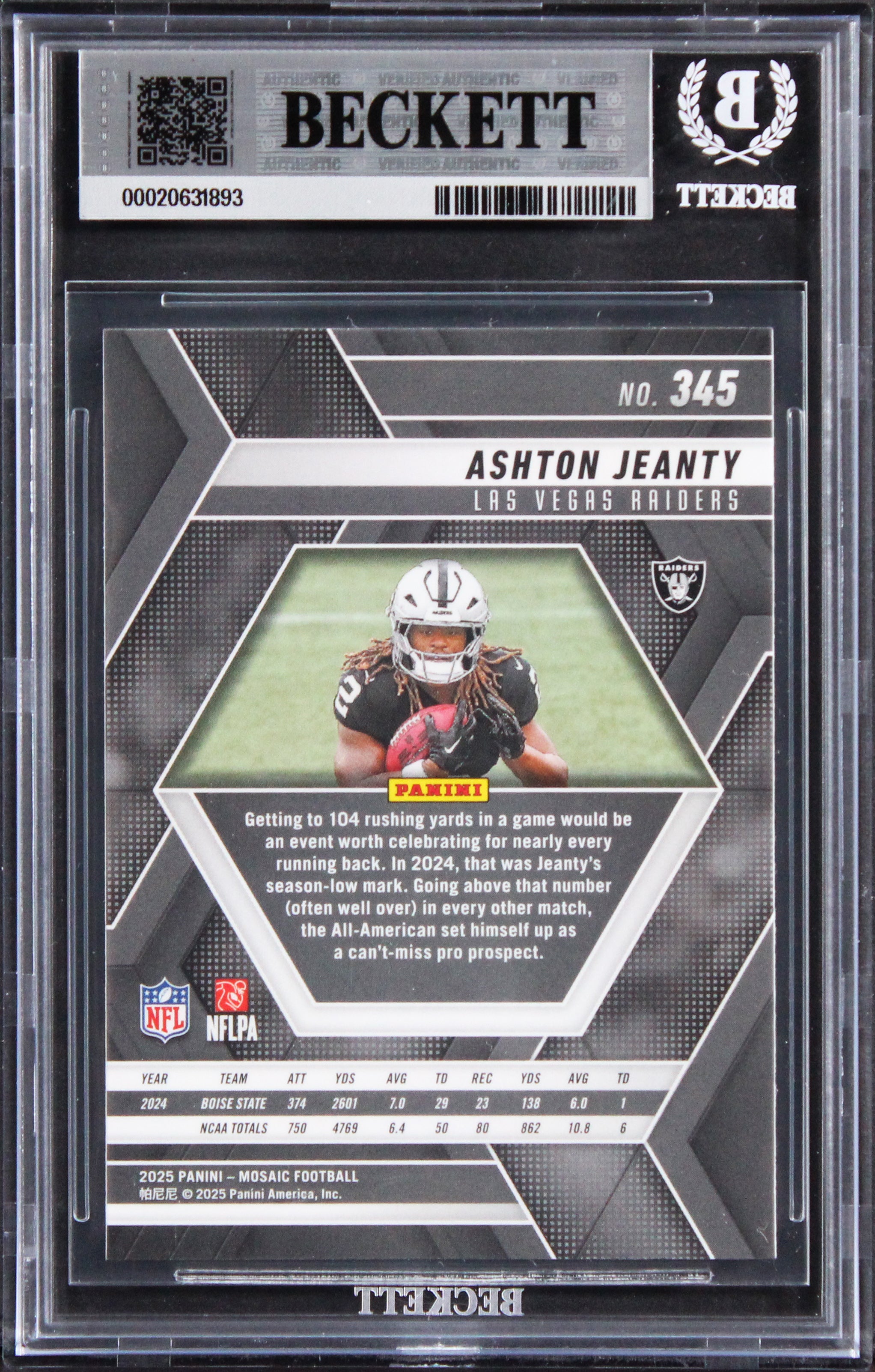 Raiders Ashton Jeanty Signed 2025 Panini Mosaic #345 RC Card Auto 10! BAS Slab