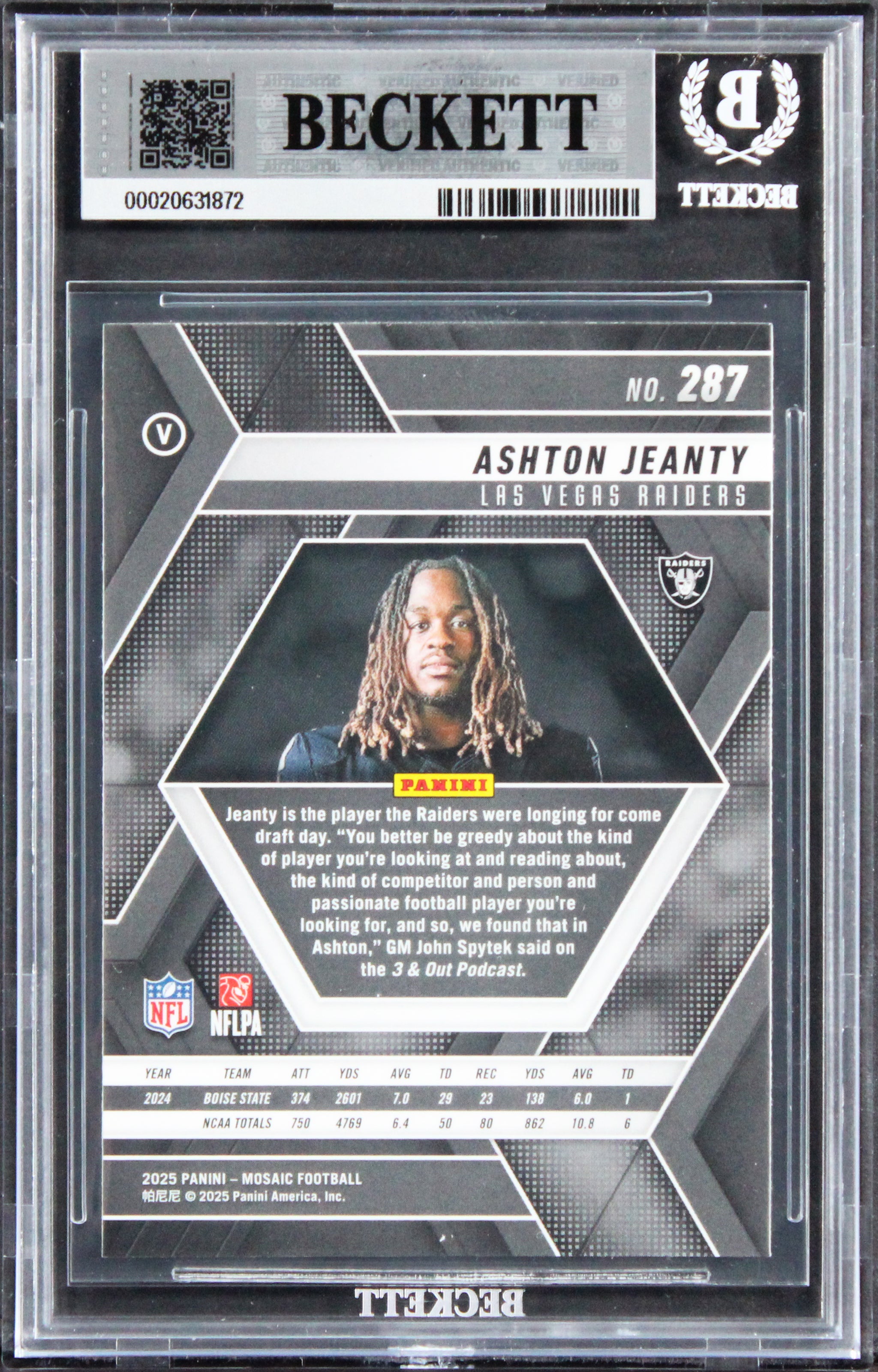 Raiders Ashton Jeanty Signed 2025 Panini Mosaic #287 RC Card Auto 10! BAS Slab