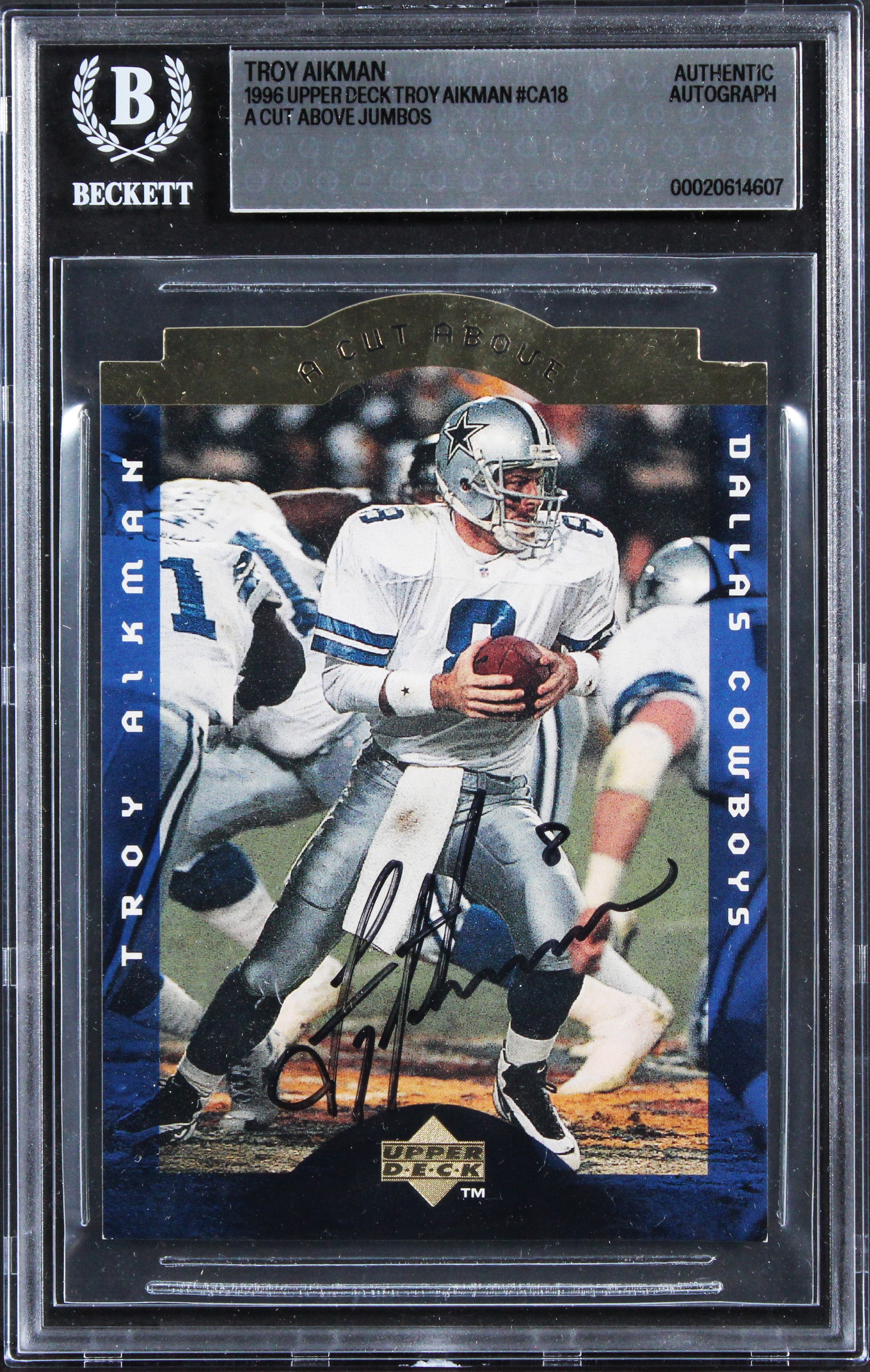 Cowboys Troy Aikman Signed 1996 Upper Deck Jumbos #CA18 5x7 Card BAS Slabbed