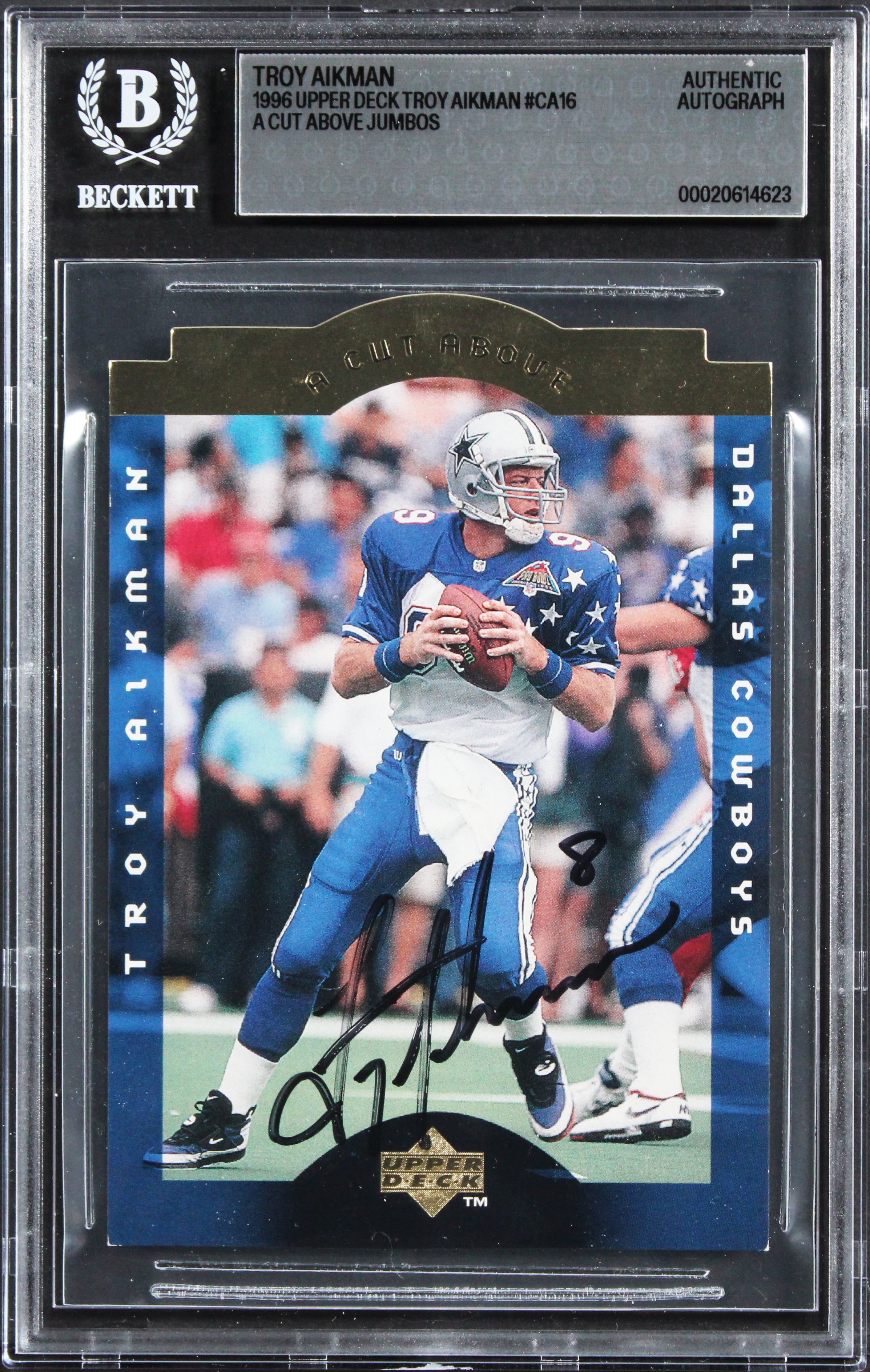 Cowboys Troy Aikman Signed 1996 Upper Deck Jumbos #CA16 5x7 Card BAS Slabbed