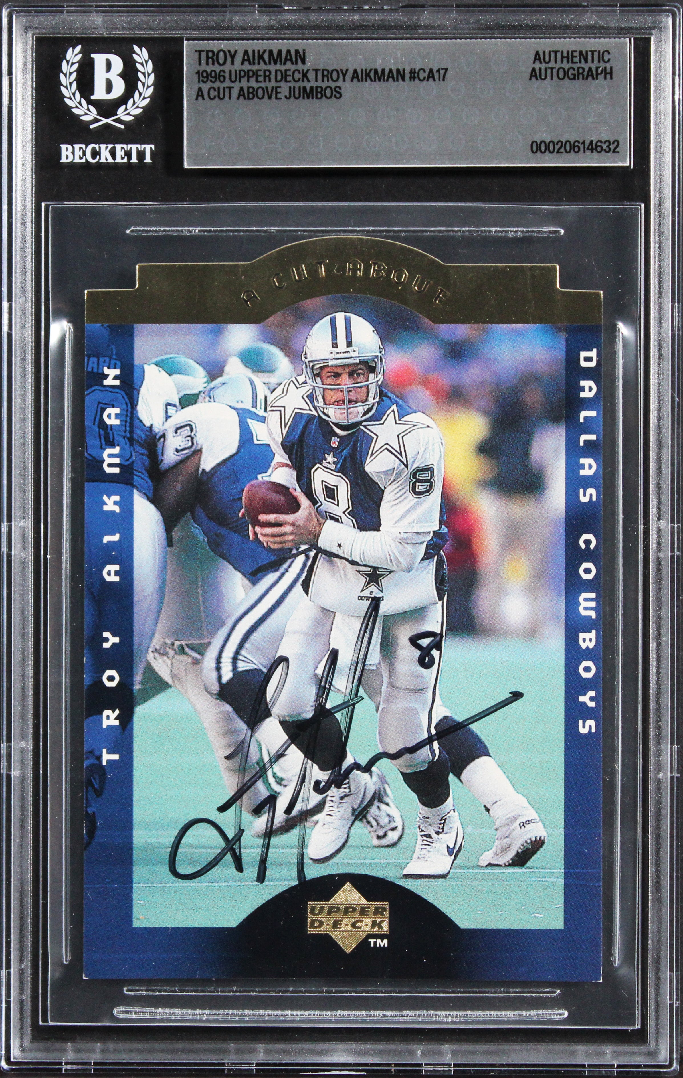 Cowboys Troy Aikman Signed 1996 Upper Deck Jumbos #CA17 5x7 Card BAS Slabbed