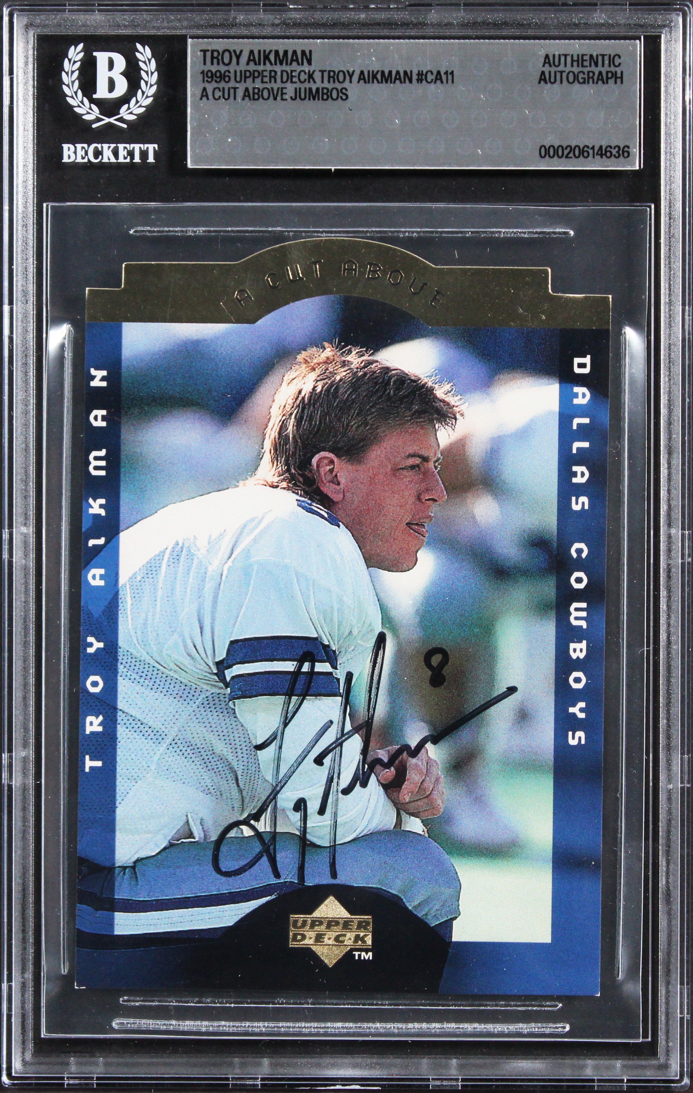 Cowboys Troy Aikman Signed 1996 Upper Deck Jumbos #CA11 5x7 Card BAS Slabbed