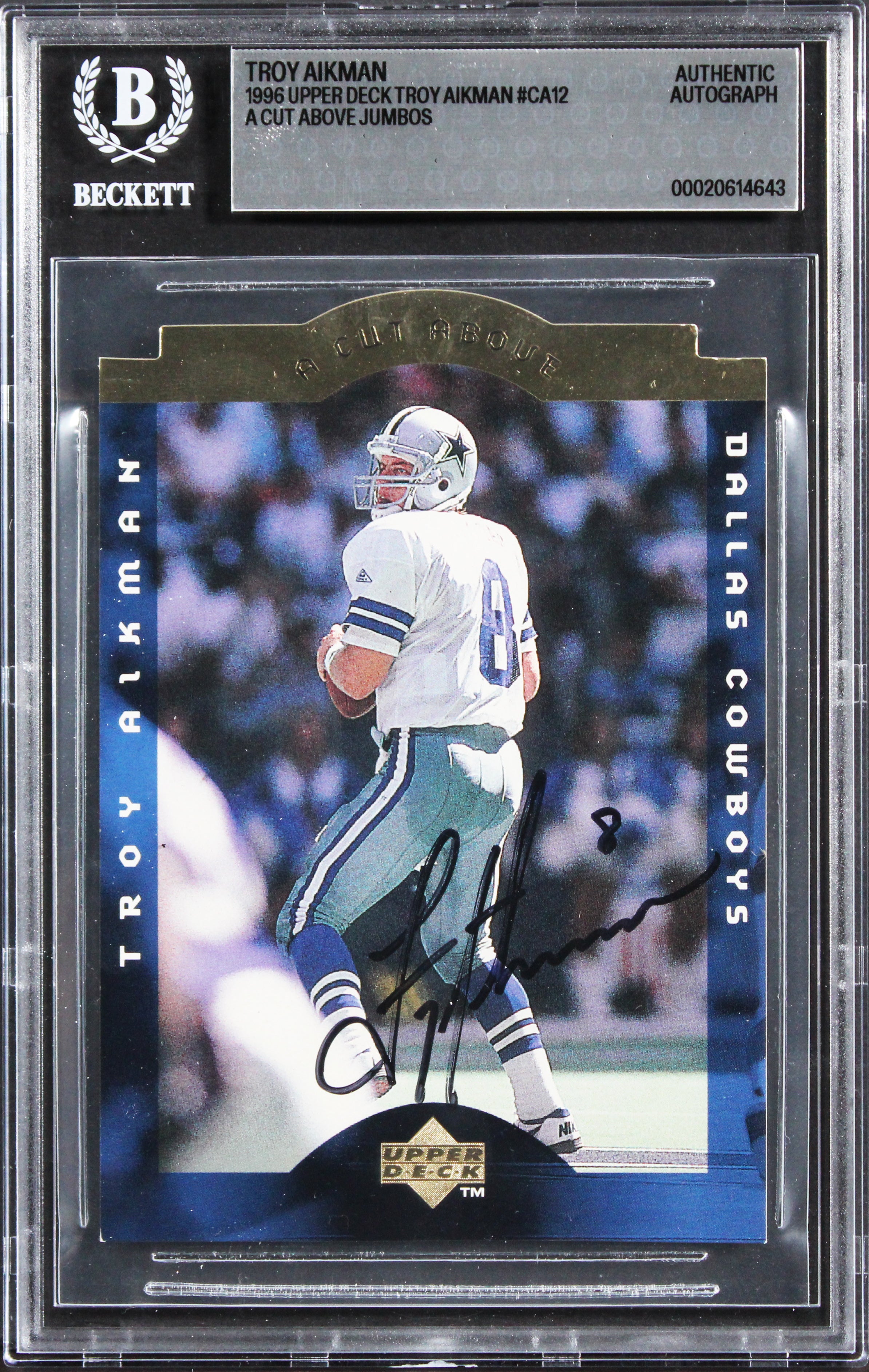 Cowboys Troy Aikman Signed 1996 Upper Deck Jumbos #CA12 5x7 Card BAS Slabbed