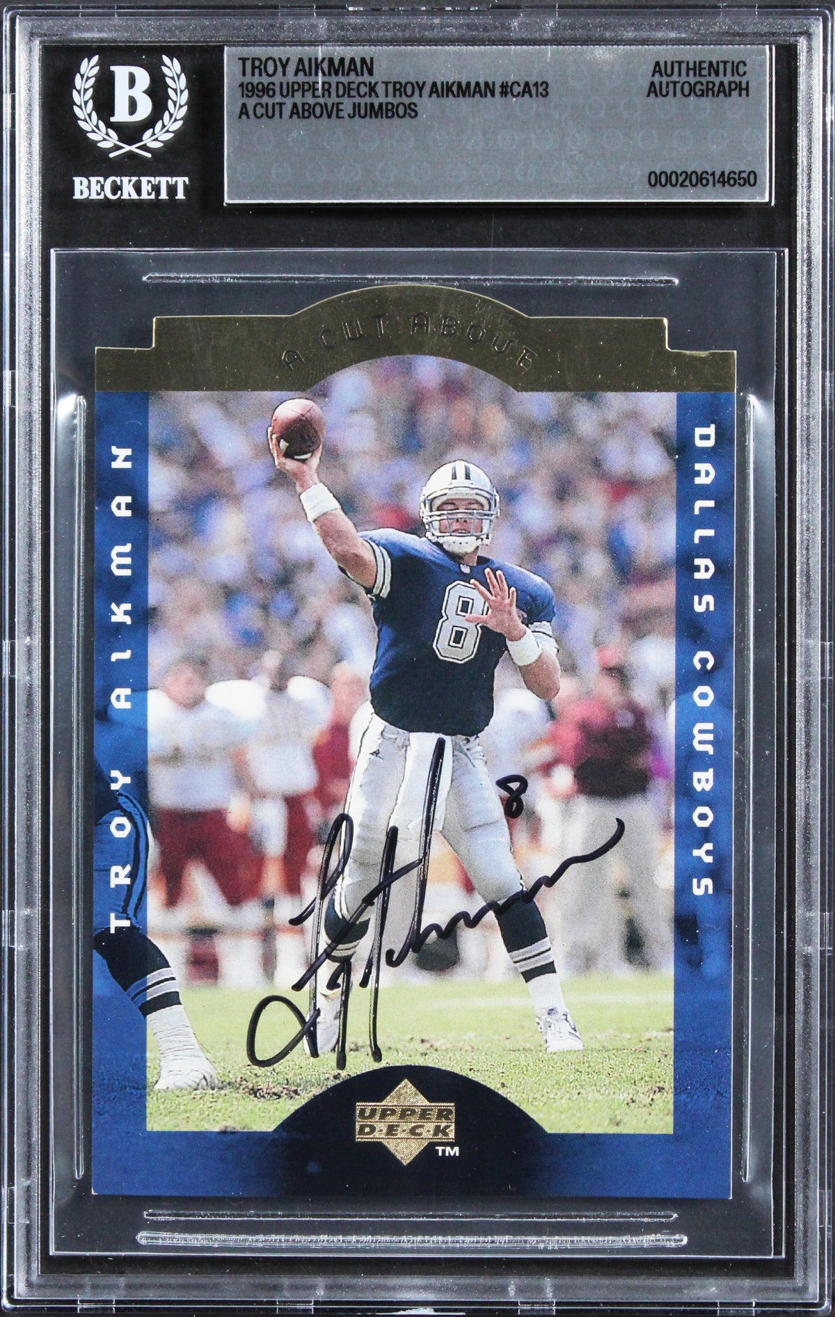 Cowboys Troy Aikman Signed 1996 Upper Deck Jumbos #CA13 5x7 Card BAS Slabbed