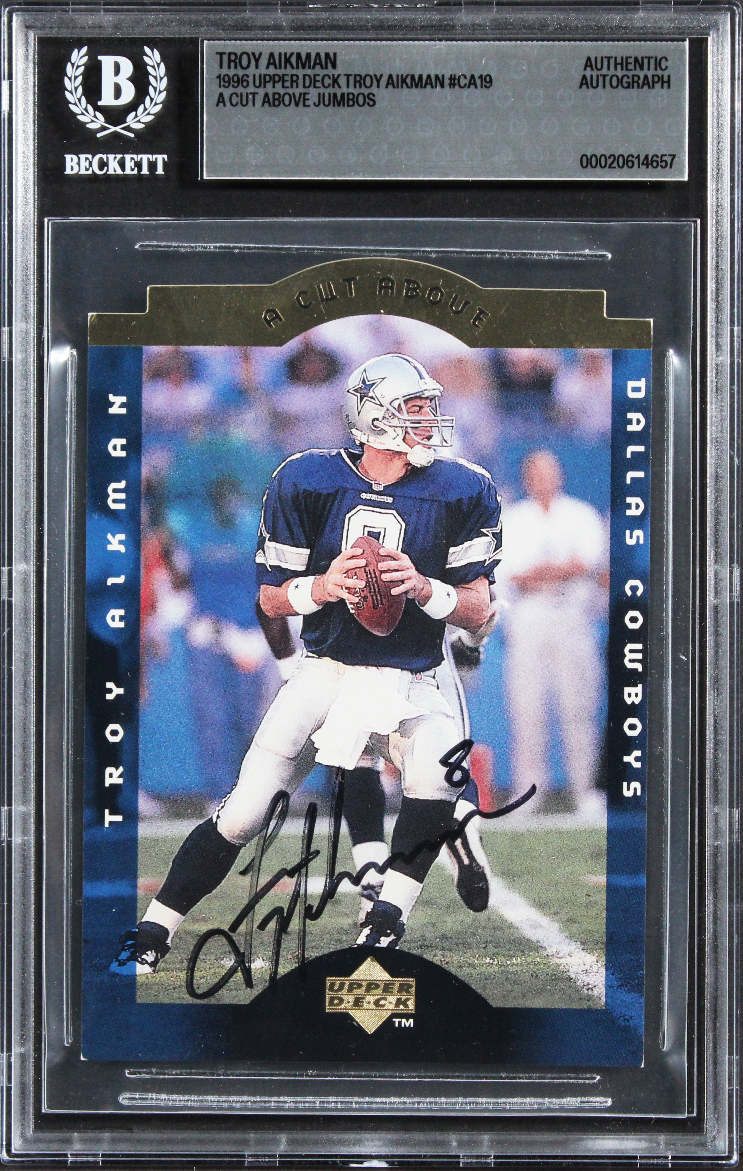 Cowboys Troy Aikman Signed 1996 Upper Deck Jumbos #CA19 5x7 Card BAS Slabbed