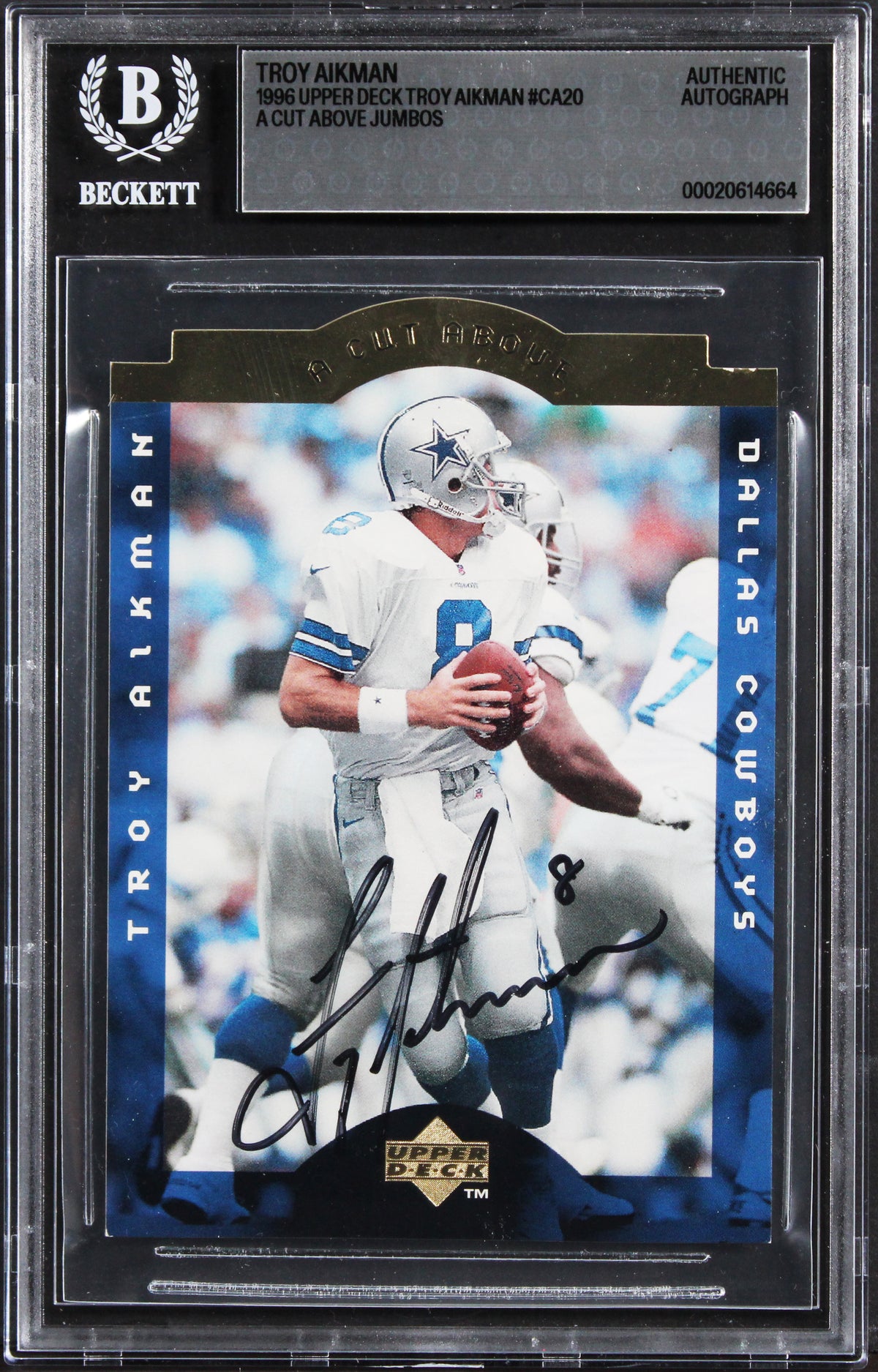 Cowboys Troy Aikman Signed 1996 Upper Deck Jumbos #CA20 5x7 Card BAS Slabbed