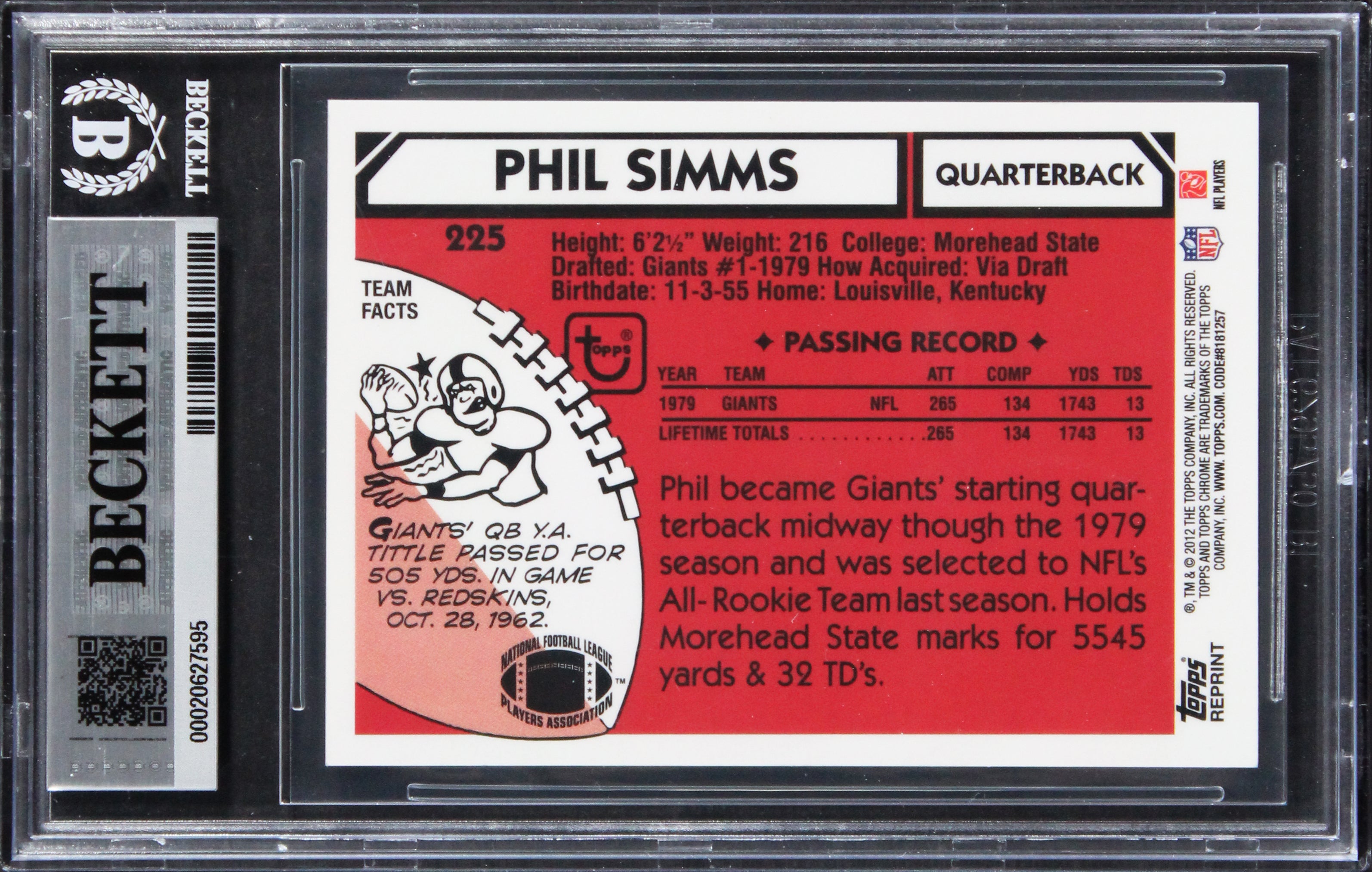 Giants Phil Simms Signed 2012 Topps Rookie Reprint #225 Card Auto 10! BAS Slab