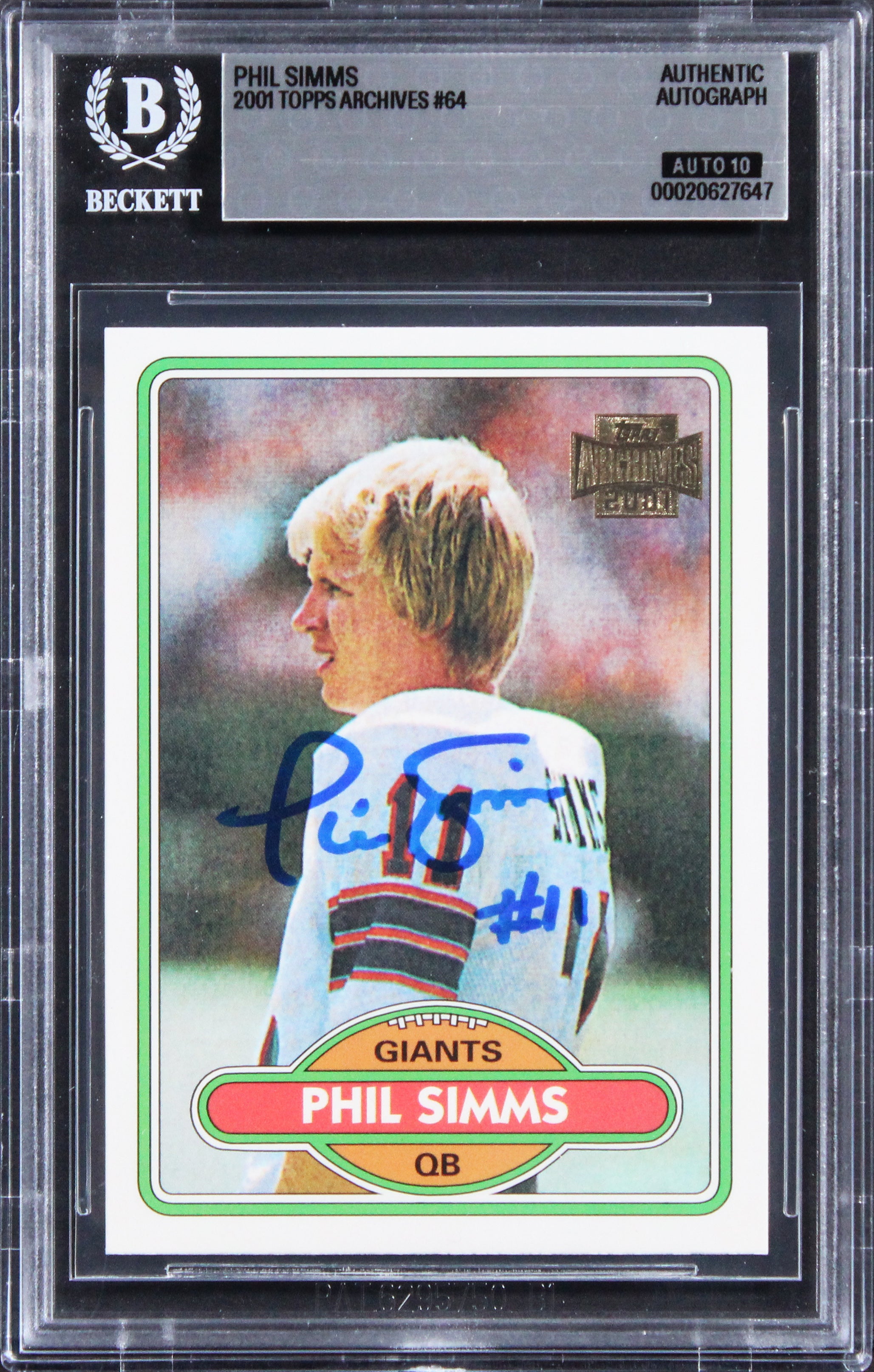 Giants Phil Simms Signed 2001 Topps Archives #64 Card Auto Grade 10! BAS Slabbed