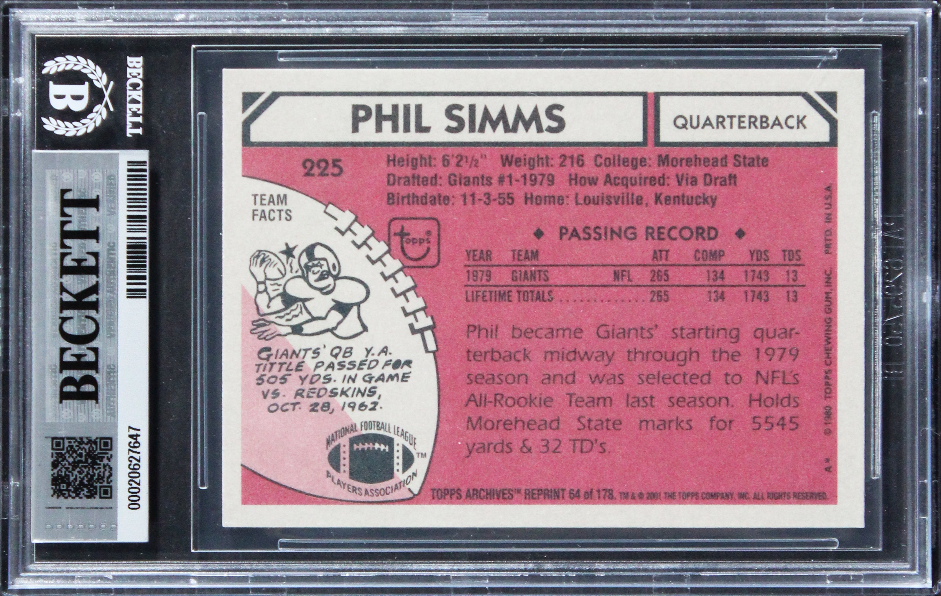 Giants Phil Simms Signed 2001 Topps Archives #64 Card Auto Grade 10! BAS Slabbed