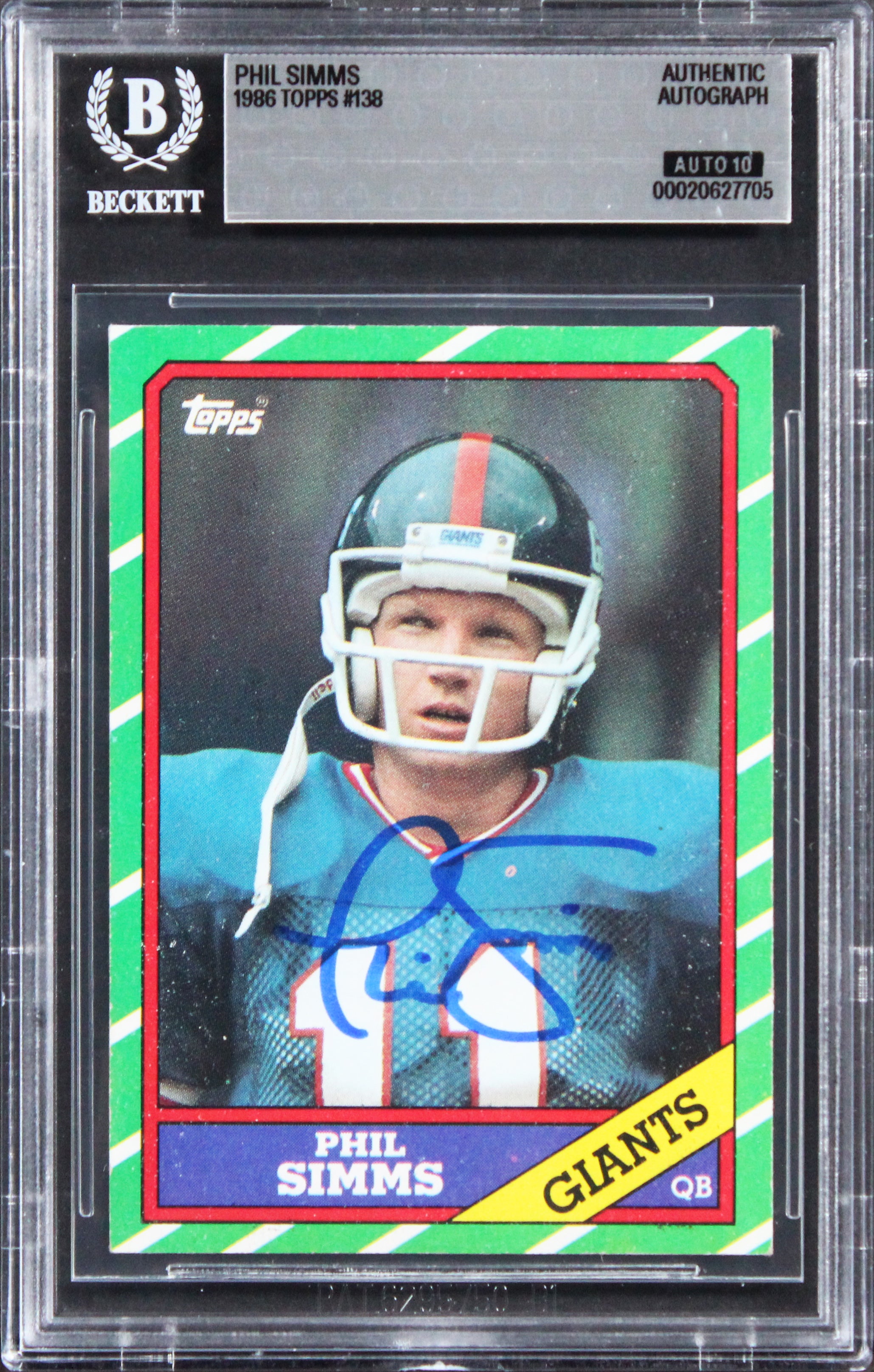 Giants Phil Simms Signed 1986 Topps #138 Card Auto Grade Gem Mint 10! BAS Slab