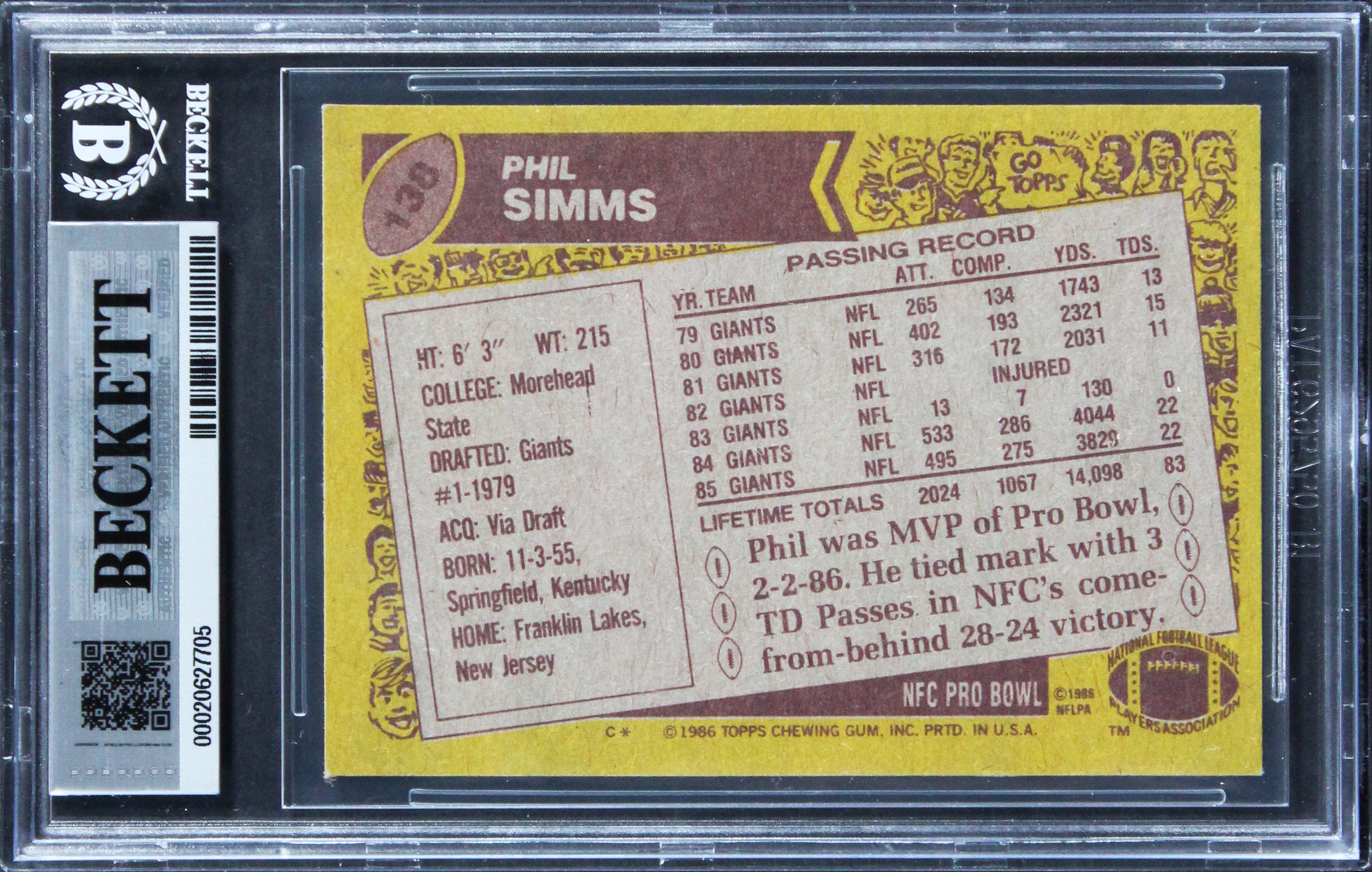 Giants Phil Simms Signed 1986 Topps #138 Card Auto Grade Gem Mint 10! BAS Slab