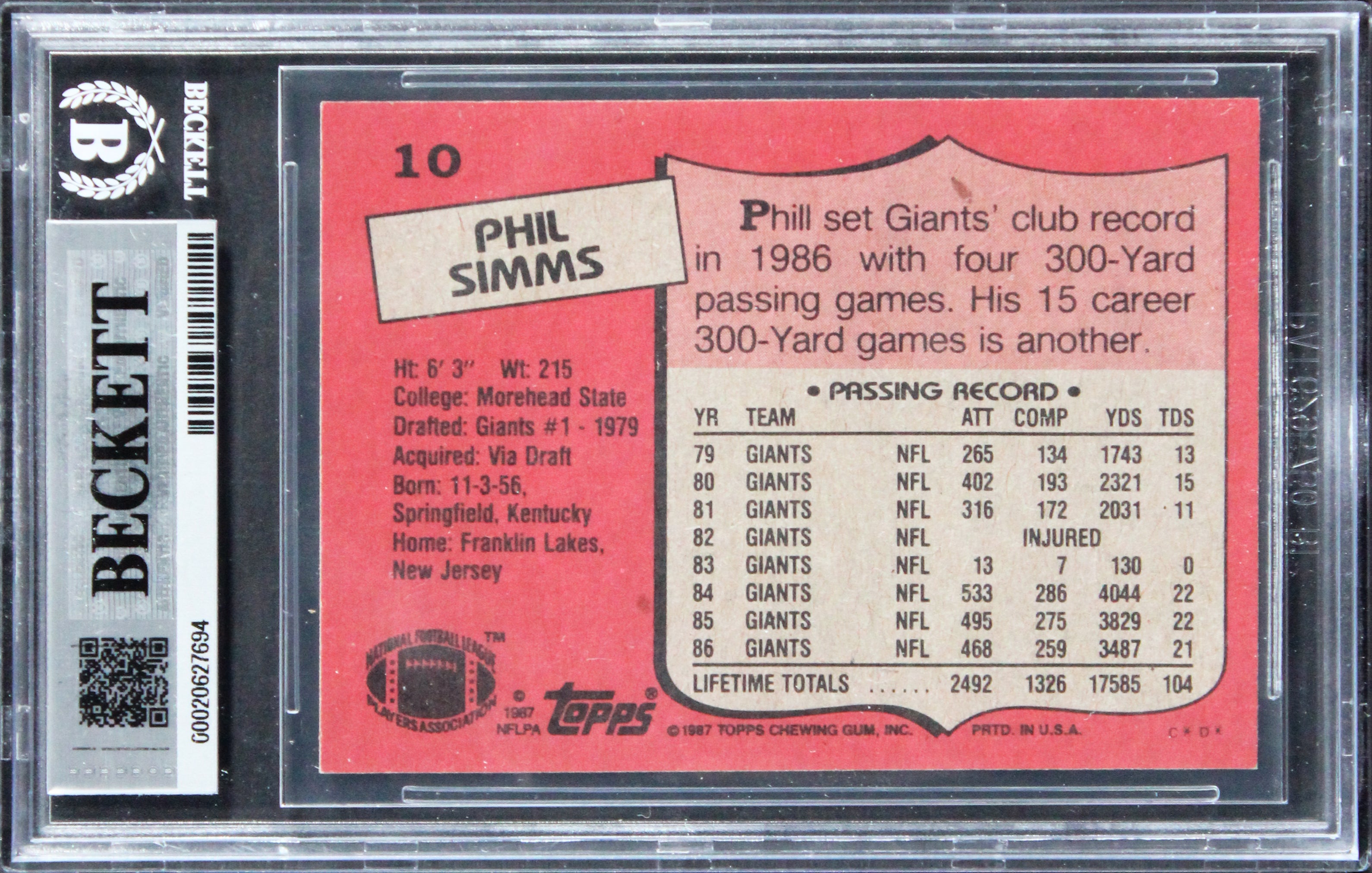 Giants Phil Simms Signed 1987 Topps #10 Card Auto Grade Gem Mint 10! BAS Slabbed