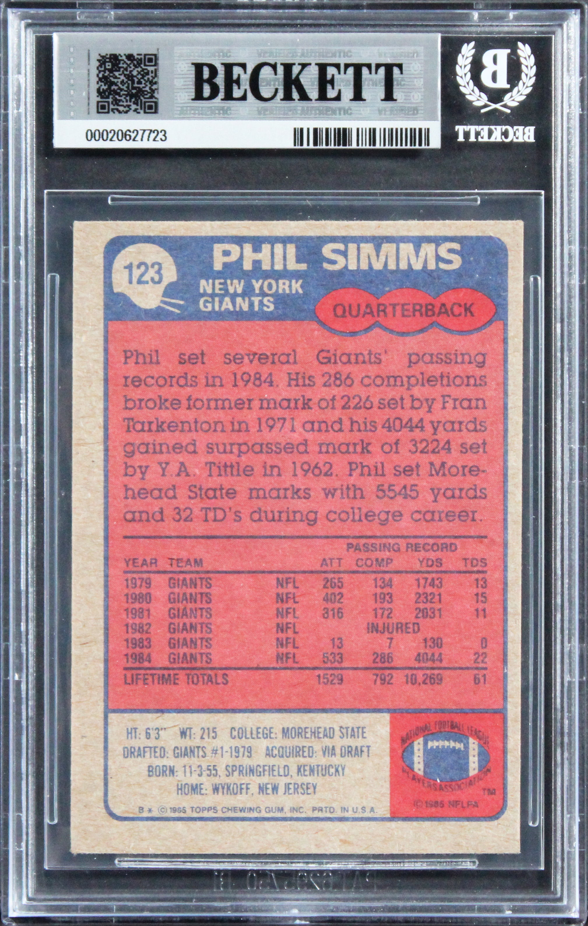 Giants Phil Simms Signed 1985 Topps #123 Card Auto Grade Gem Mint 10! BAS Slab