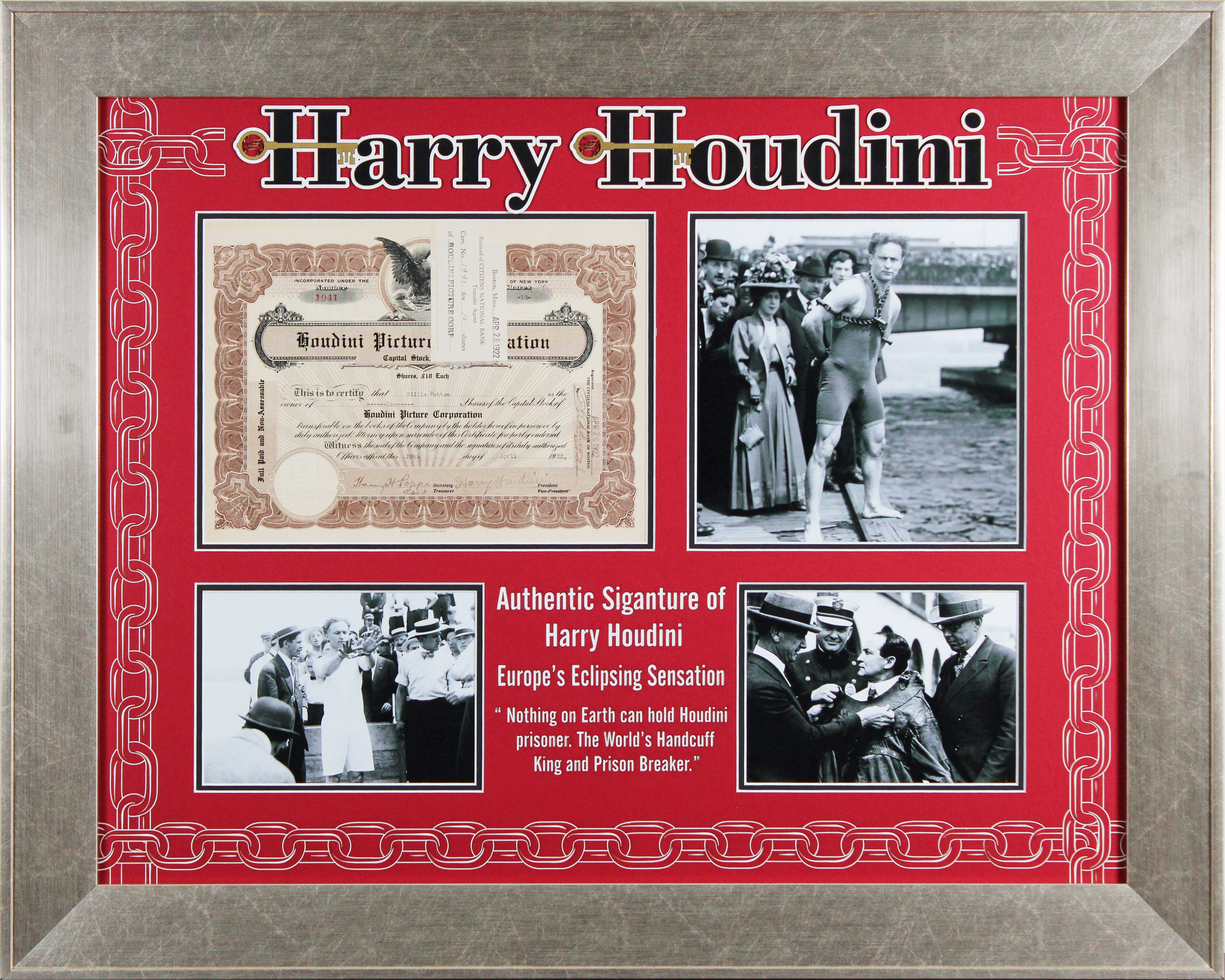 Harry Houdini Signed & Framed 1922 Houdini Picture Corp. Stock Certificate BAS