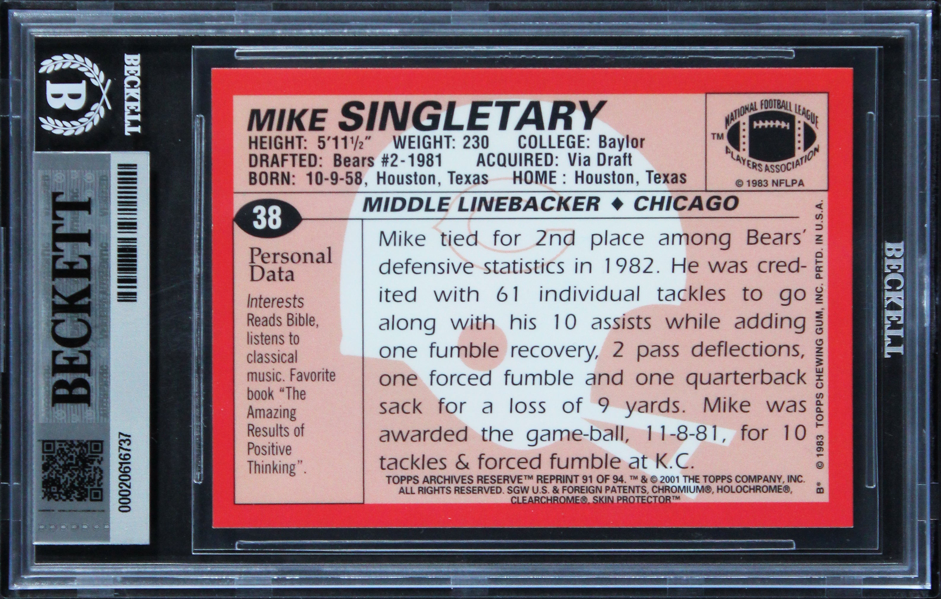 Bears Mike Singletary Signed 2001 Topps Archives #91 Card Auto 10! BAS Slabbed