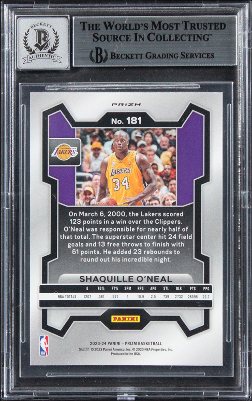 Shaquille O'Neal Signed 2023 Panini Prizm Orange Ice #181 Card Auto 10! BAS Slab