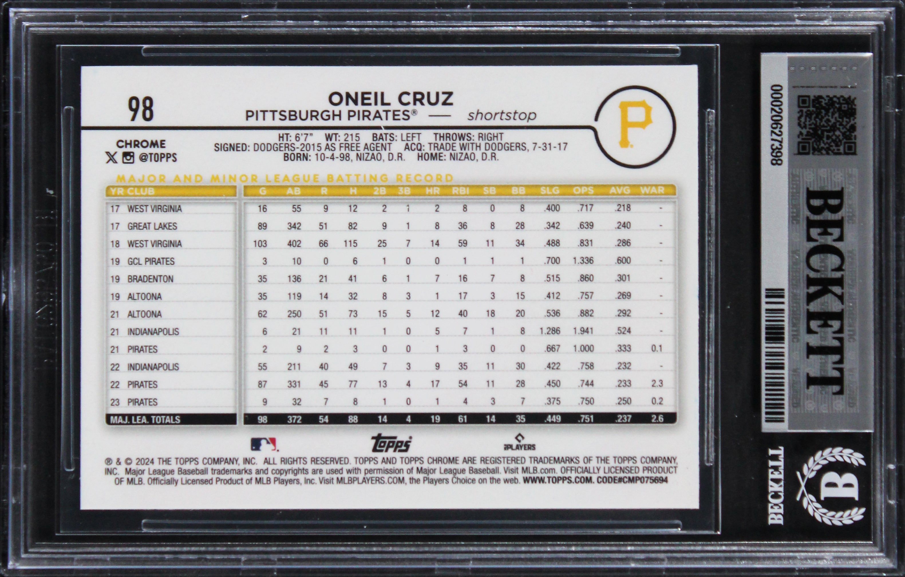 Pirates Oneil Cruz Signed 2024 Topps Chrome #90 Card Auto Grade 10! BAS Slabbed