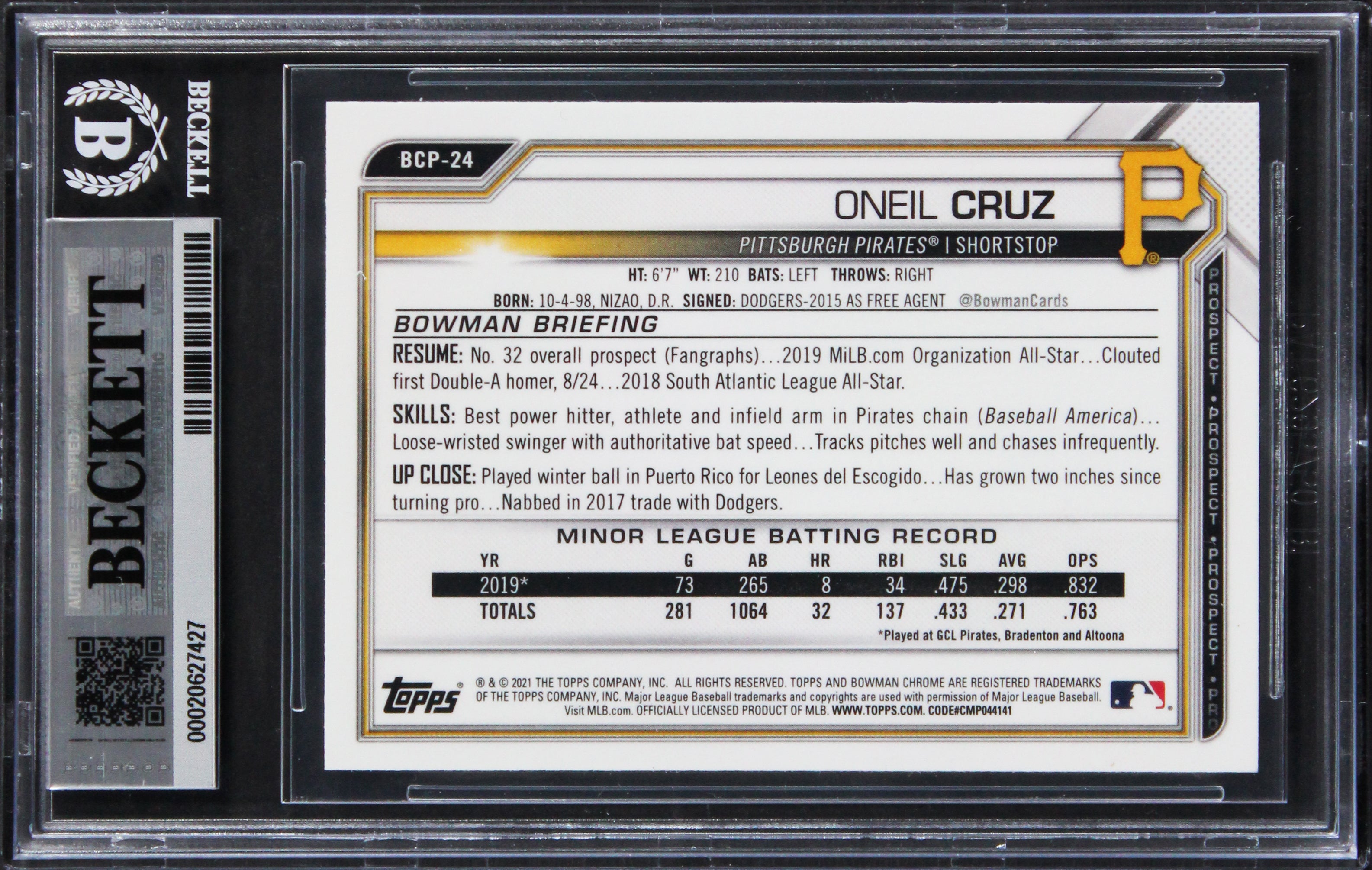 Pirates Oneil Cruz Signed 2021 Bowman Prospects #BCP24 Card Auto 10! BAS Slab