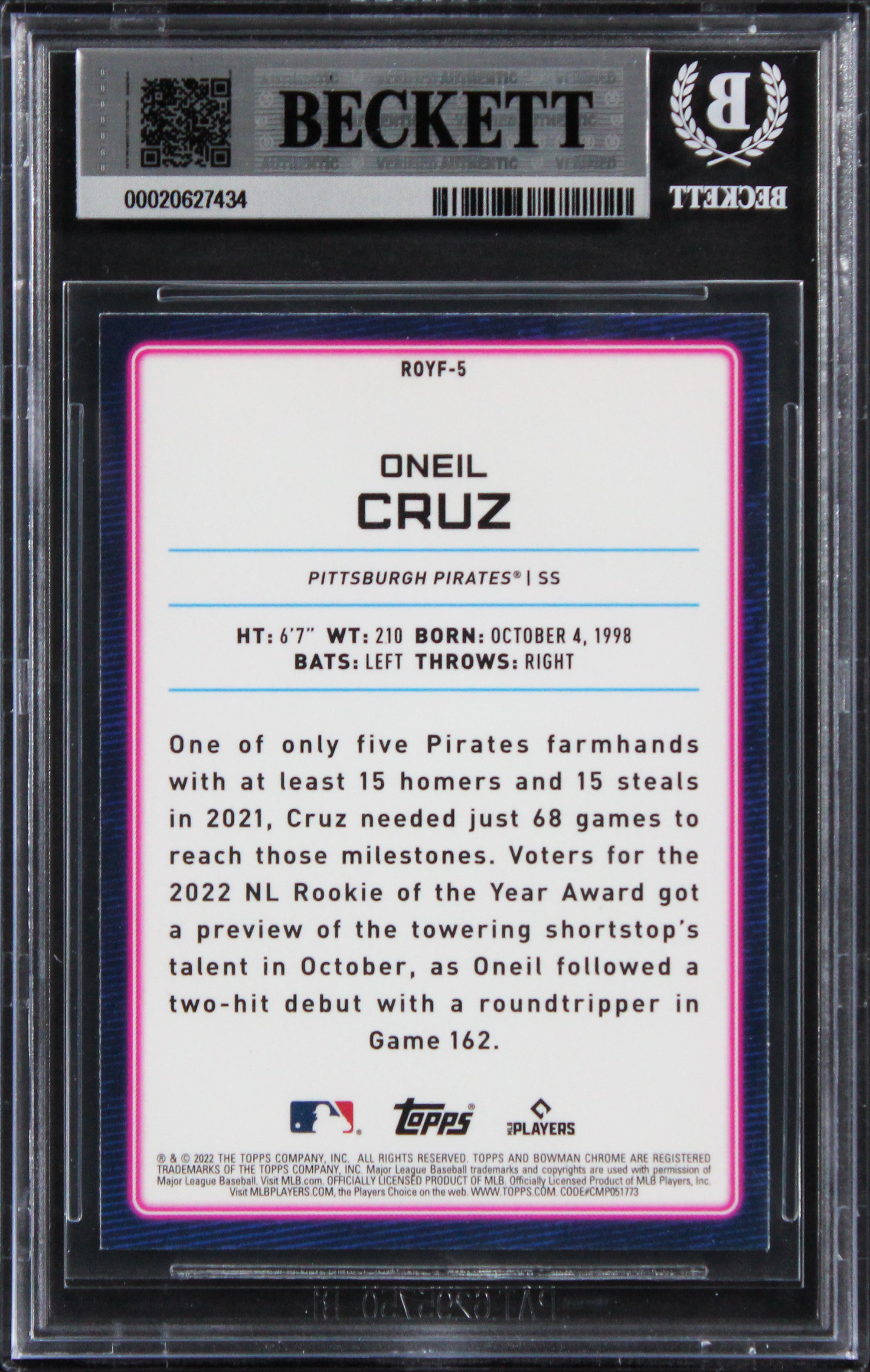 Pirates Oneil Cruz Signed 2022 Bowman Chrome #ROYF5 RC Card Auto 10! BAS Slab