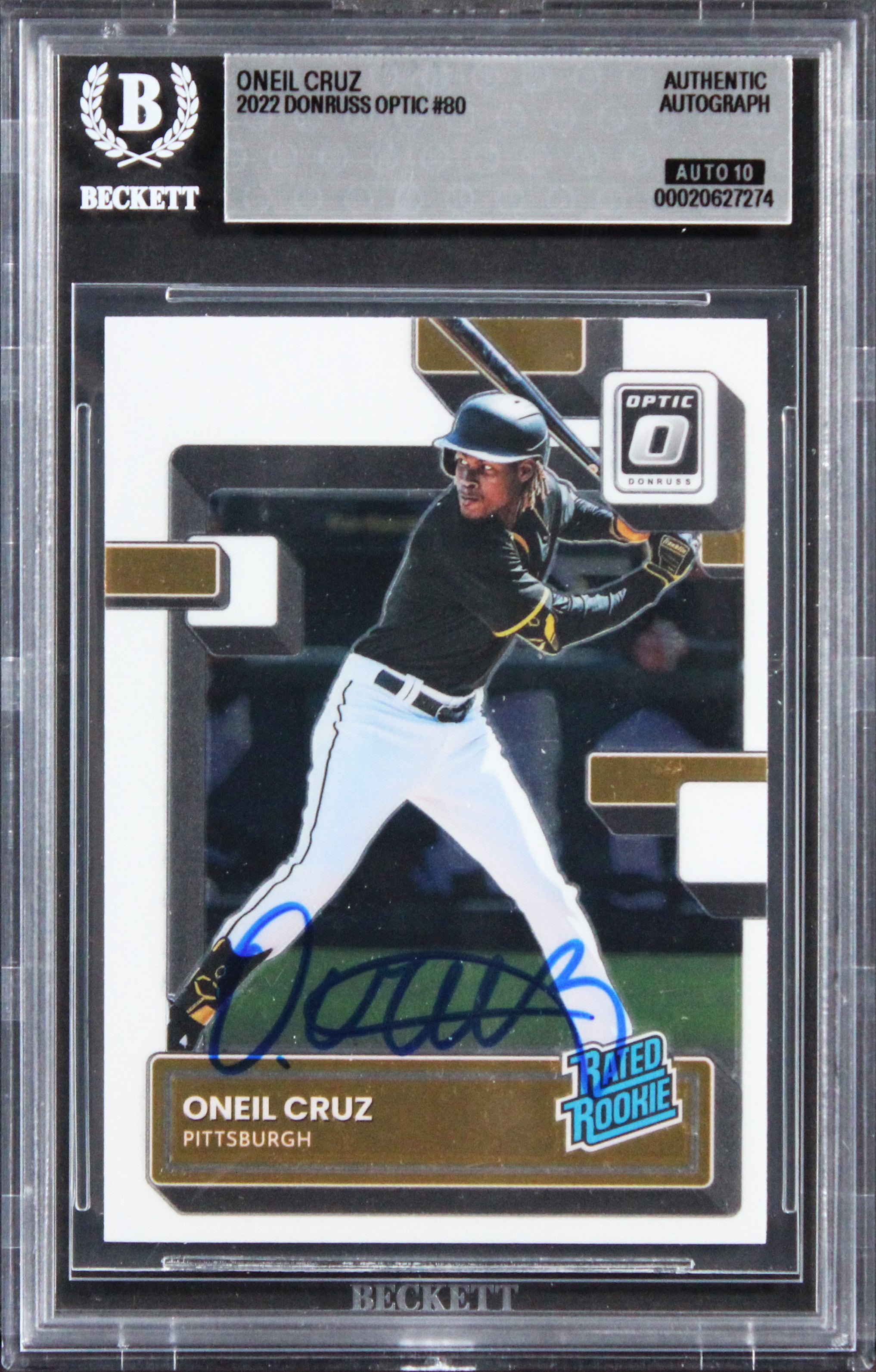 Pirates Oneil Cruz Signed 2022 Donruss Optic #80 RC Card Auto 10! BAS Slabbed