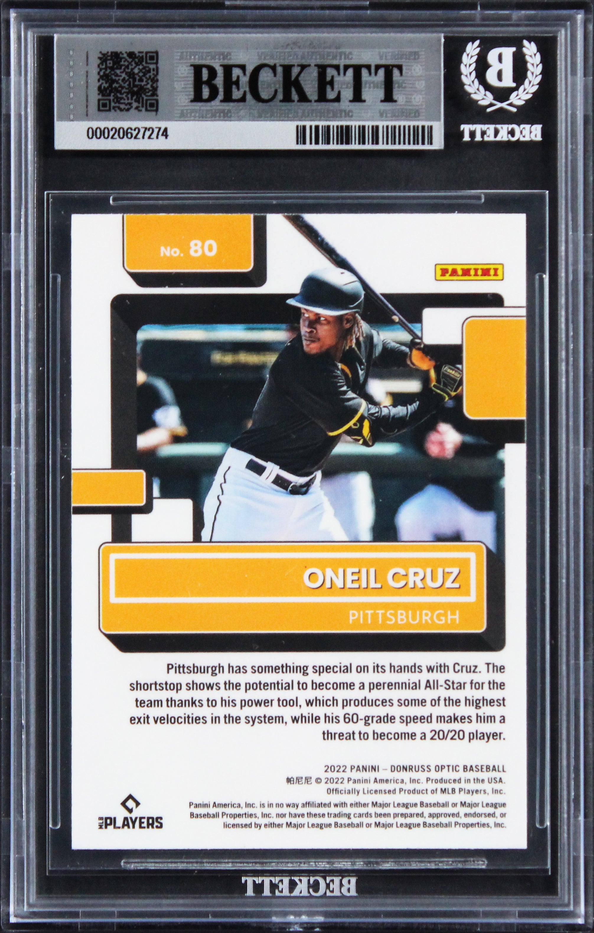 Pirates Oneil Cruz Signed 2022 Donruss Optic #80 RC Card Auto 10! BAS Slabbed
