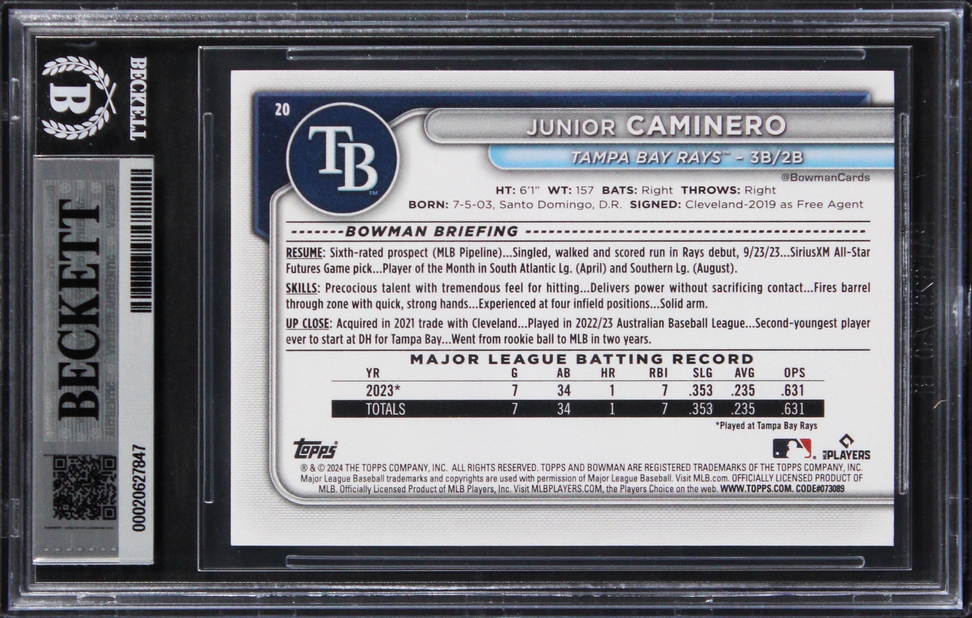 Rays Junior Caminero Signed 2024 Bowman #20 Rookie Card Auto GM 10! BAS Slabbed