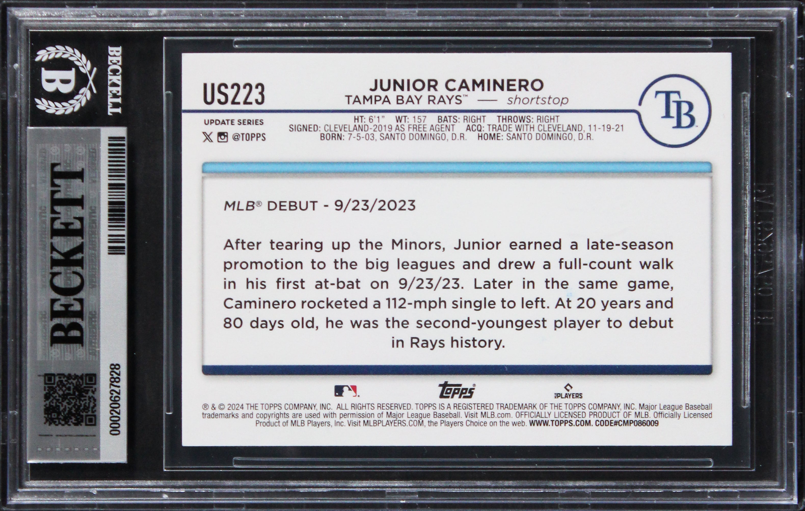Rays Junior Caminero Signed 2024 Topps Update #US223 RC Card Auto 10! BAS Slab