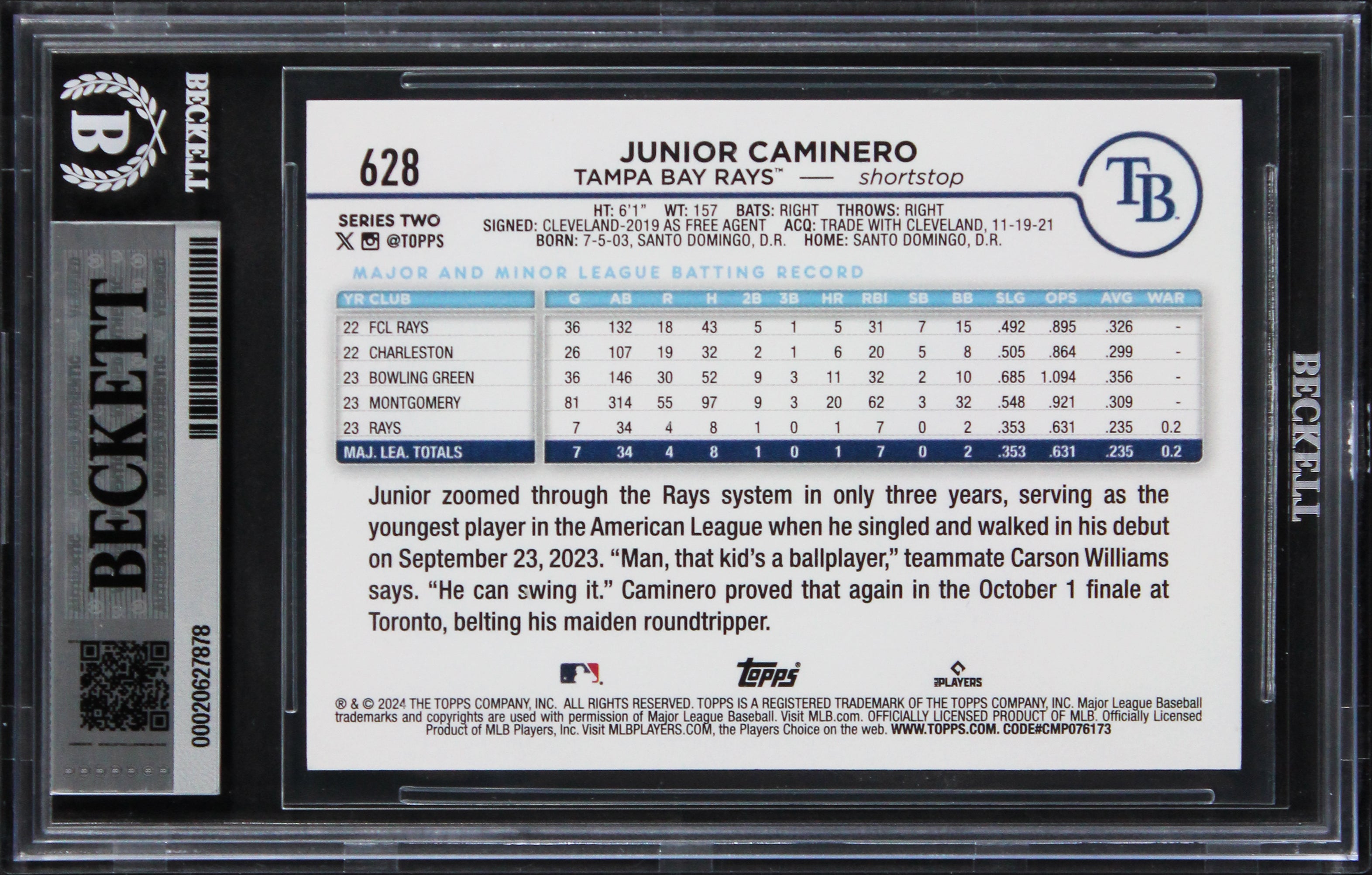 Rays Junior Caminero Signed 2024 Topps #628 Rookie Card Auto GM 10! BAS Slabbed