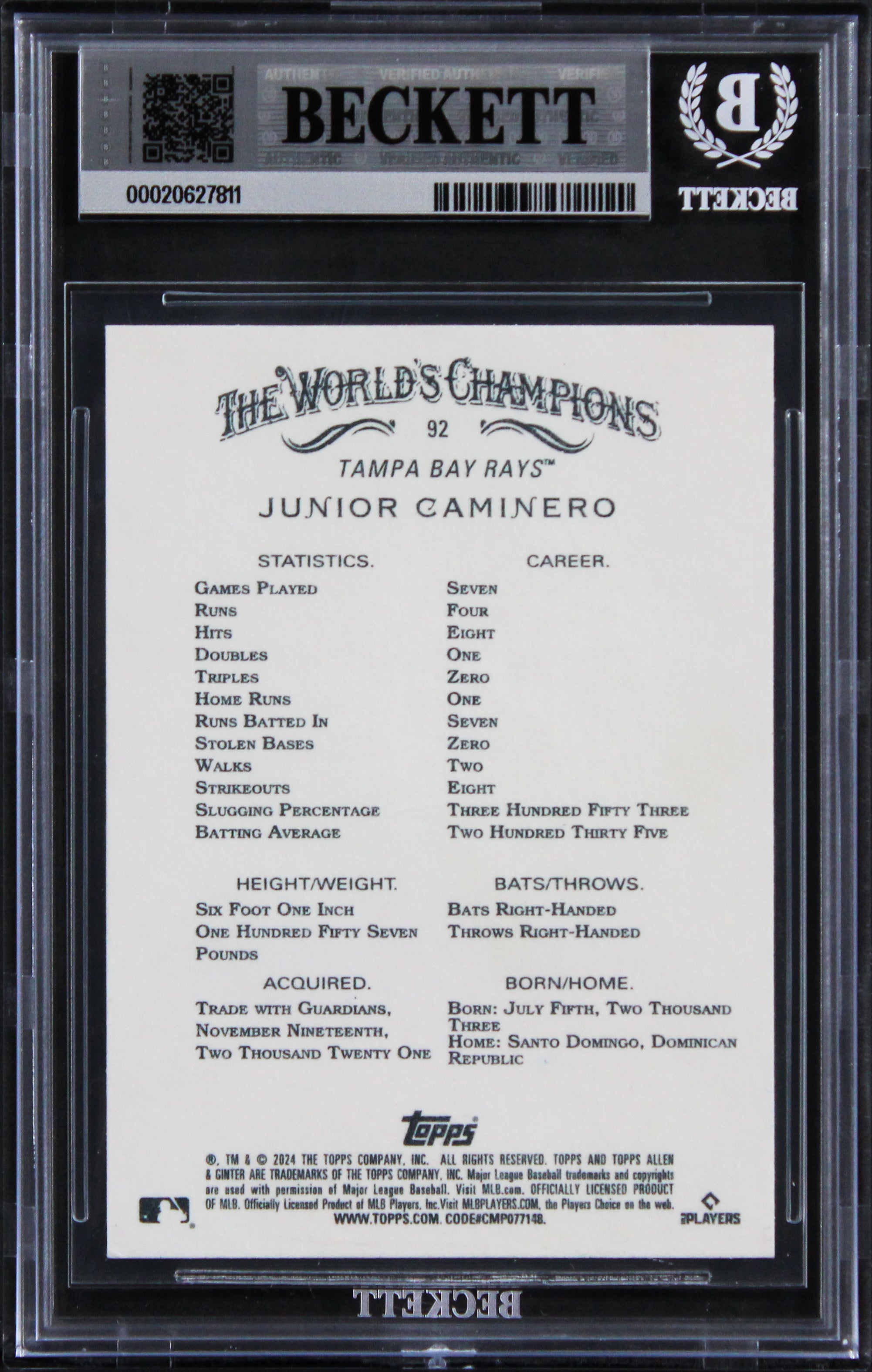 Rays Junior Caminero Signed 2024 Topps A&G #92 Rookie Card Auto 10! BAS Slabbed