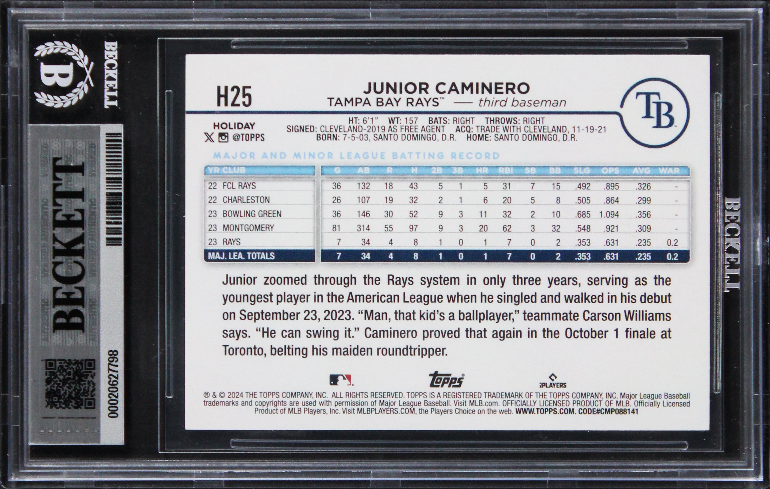 Rays Junior Caminero Signed 2024 Topps Holiday #H25 RC Card Auto 10! BAS Slabbed