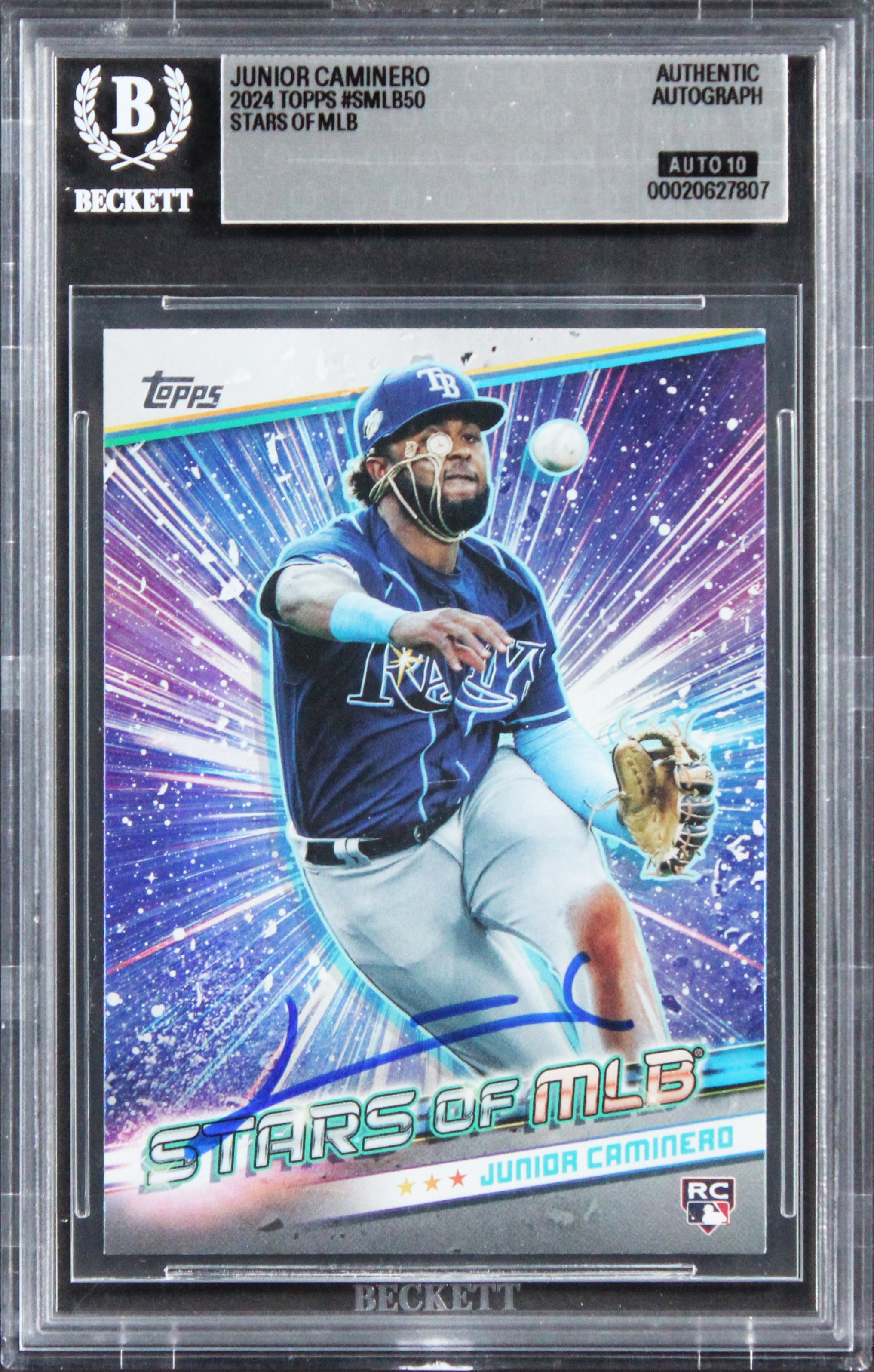 Rays Junior Caminero Signed 2024 Topps #SMLB50 Rookie Card Auto 10! BAS Slabbed