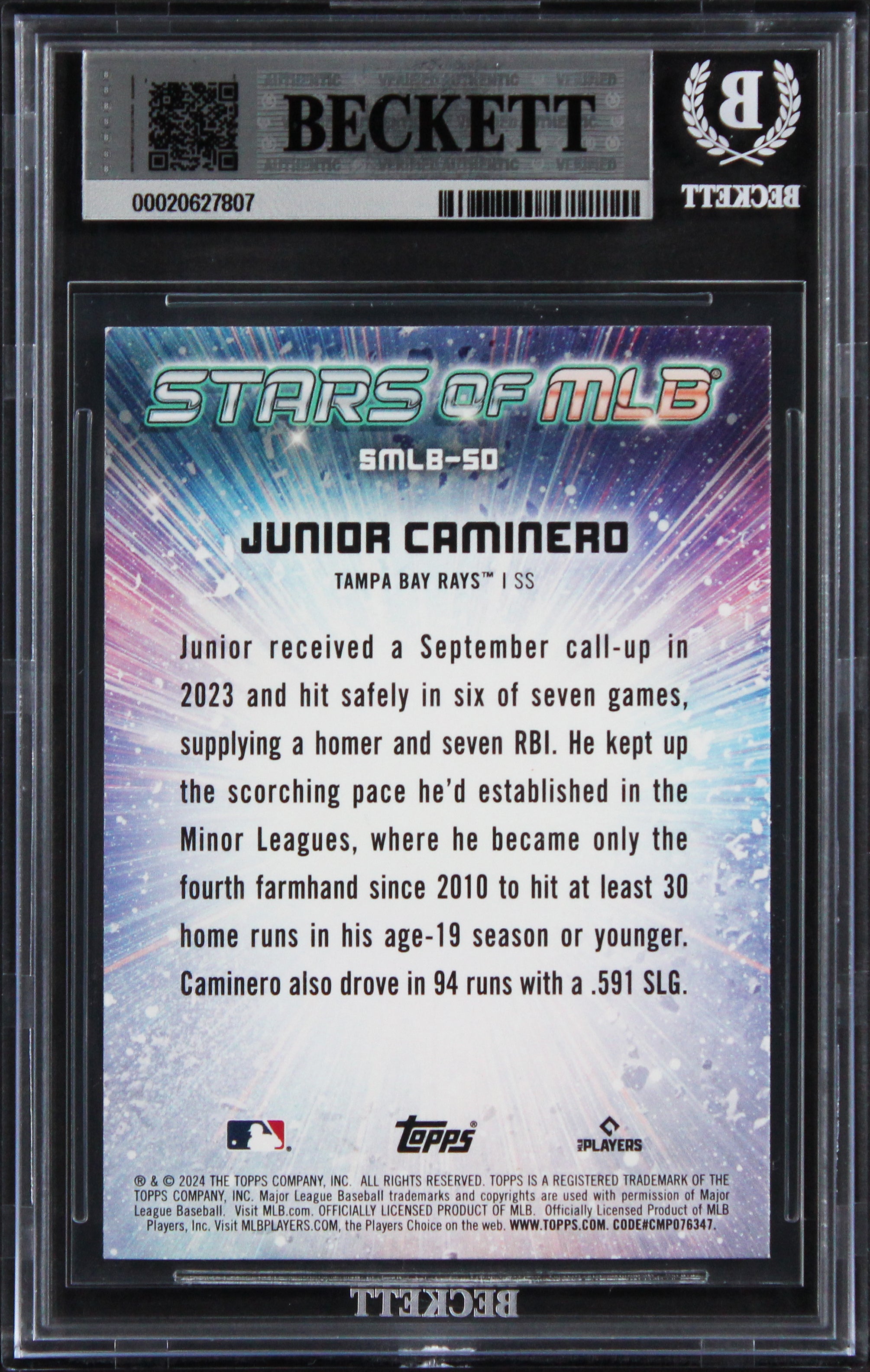 Rays Junior Caminero Signed 2024 Topps #SMLB50 Rookie Card Auto 10! BAS Slabbed