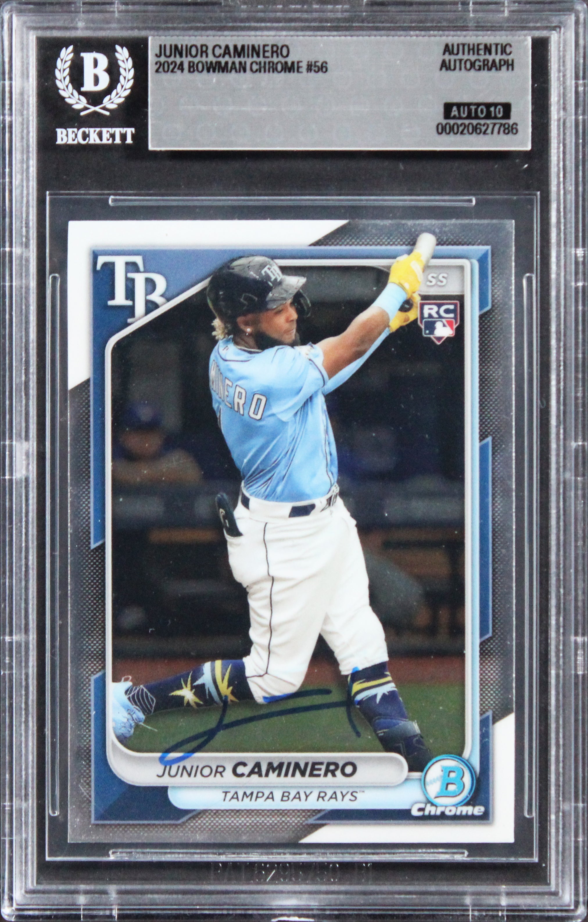 Rays Junior Caminero Signed 2024 Bowman Chrome #56 Rookie Card Auto 10! BAS Slab
