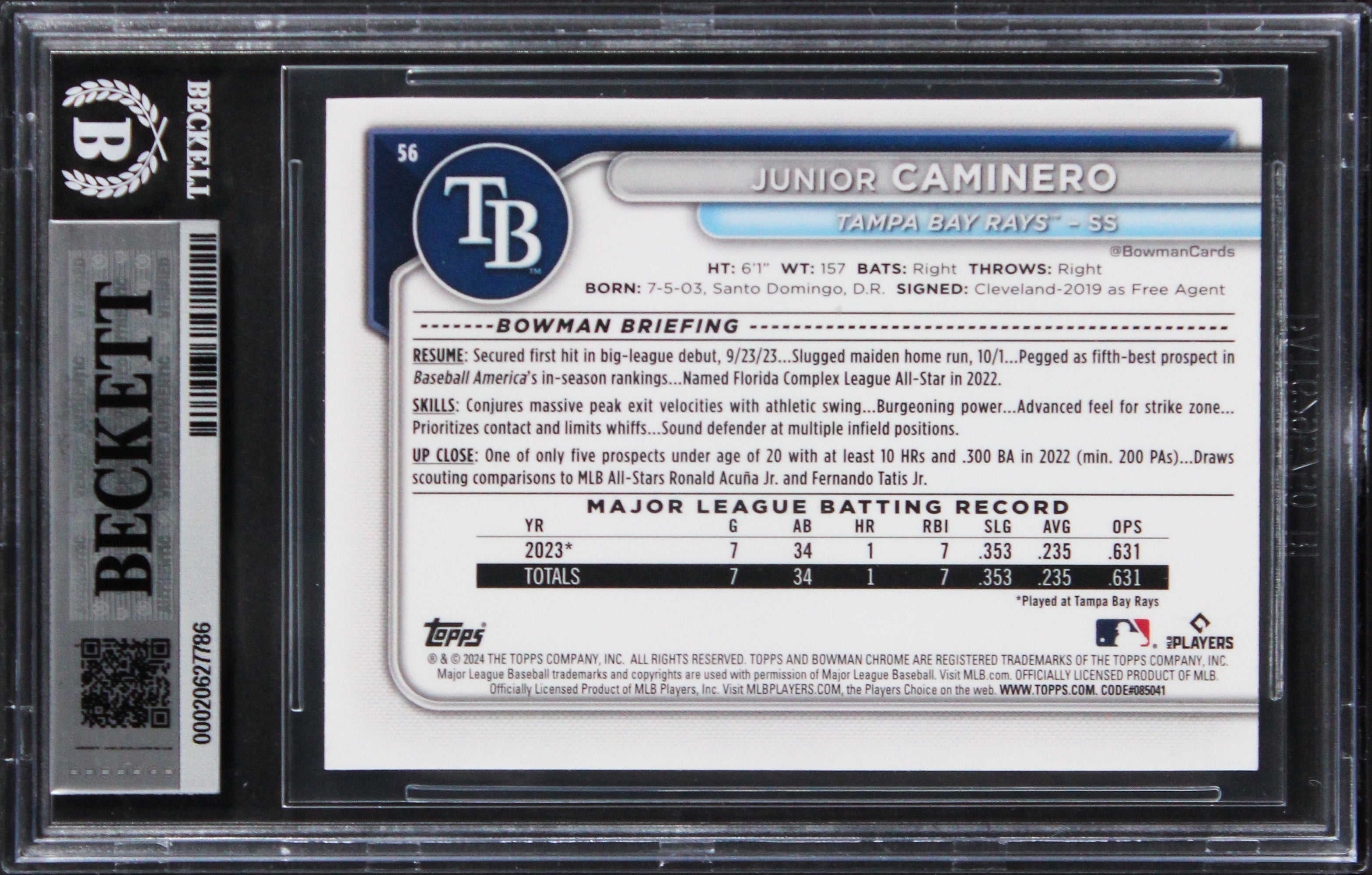 Rays Junior Caminero Signed 2024 Bowman Chrome #56 Rookie Card Auto 10! BAS Slab