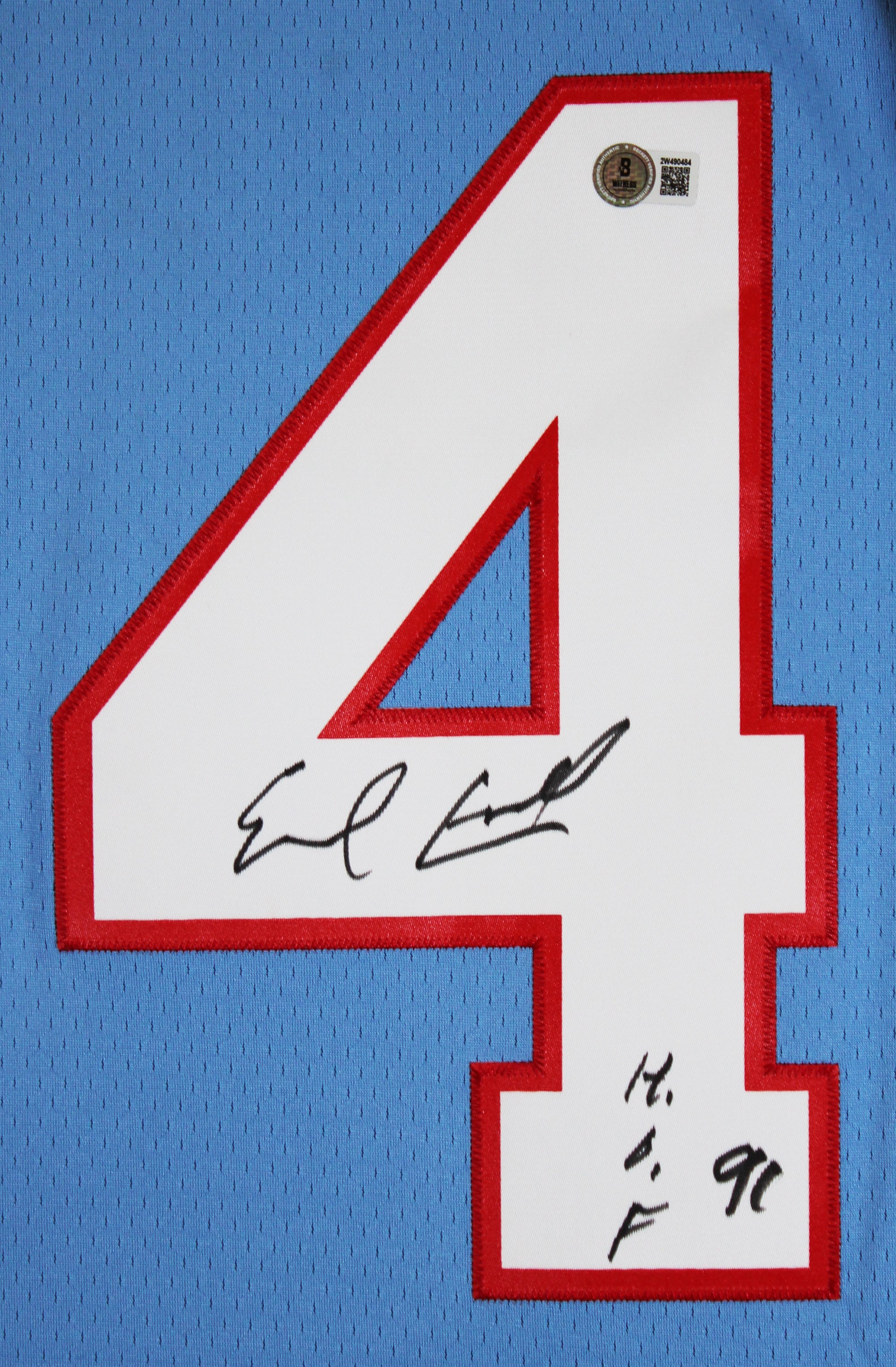 Oilers Earl Campbell "HOF 91" Signed Light Blue M&N Throwback Jersey BAS Witness