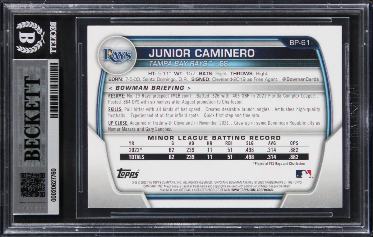 Rays Junior Caminero Signed 2023 Bowman Prospects #BP61 Card Auto 10! BAS Slab