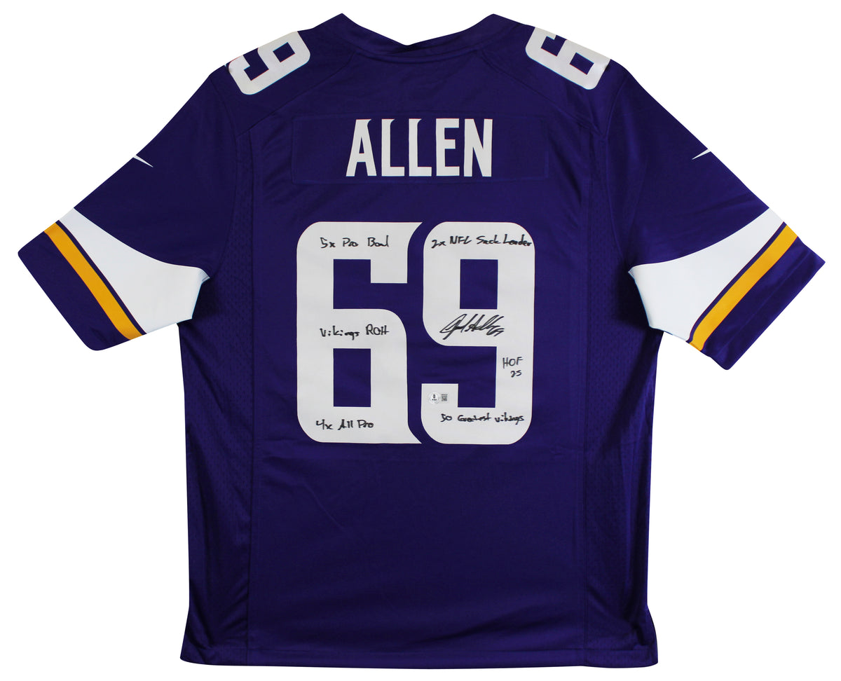 Vikings Jared Allen "6x Insc" Signed Purple Nike Limited Jersey BAS Witnessed