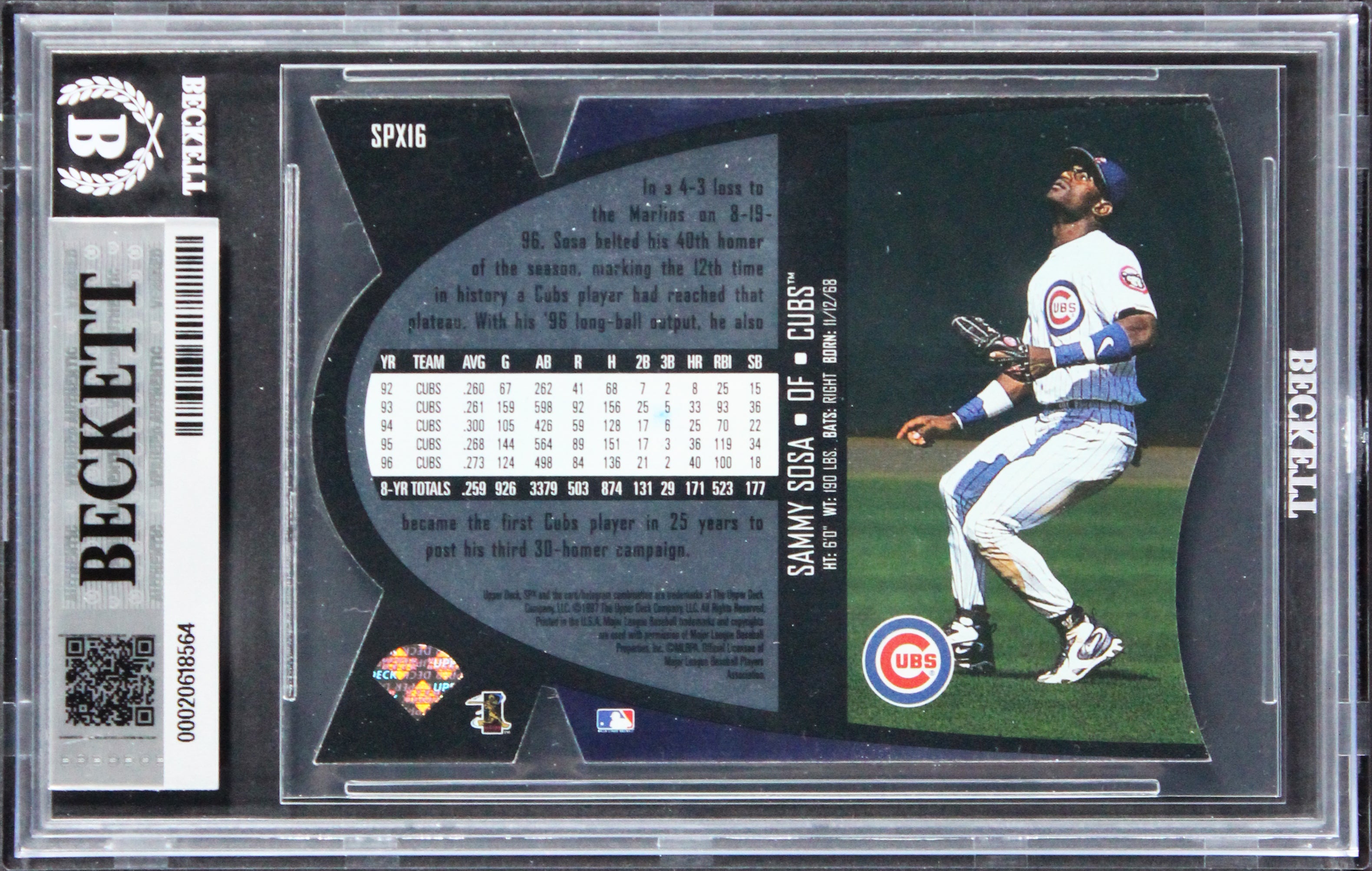Cubs Sammy Sosa Signed 1997 SPX #16 Card Auto Grade Gem Mint 10! BAS Slabbed