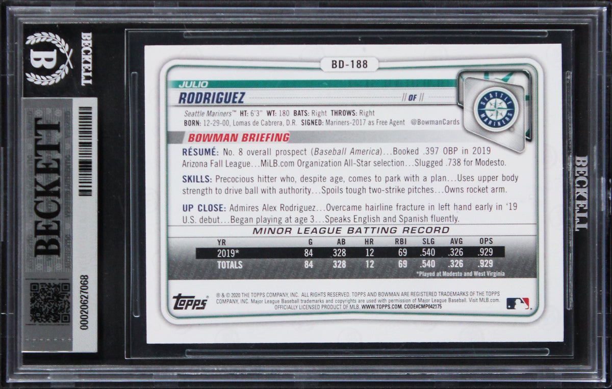 Mariners Julio Rodriguez Signed 2020 Bowman Draft #BD188 Card Auto 10! BAS Slab