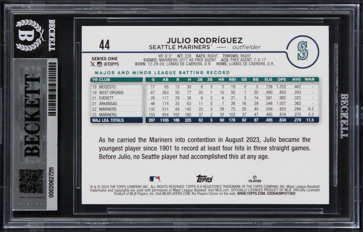 Mariners Julio Rodriguez Signed 2024 Topps #44 Card Auto Grade 10! BAS Slabbed